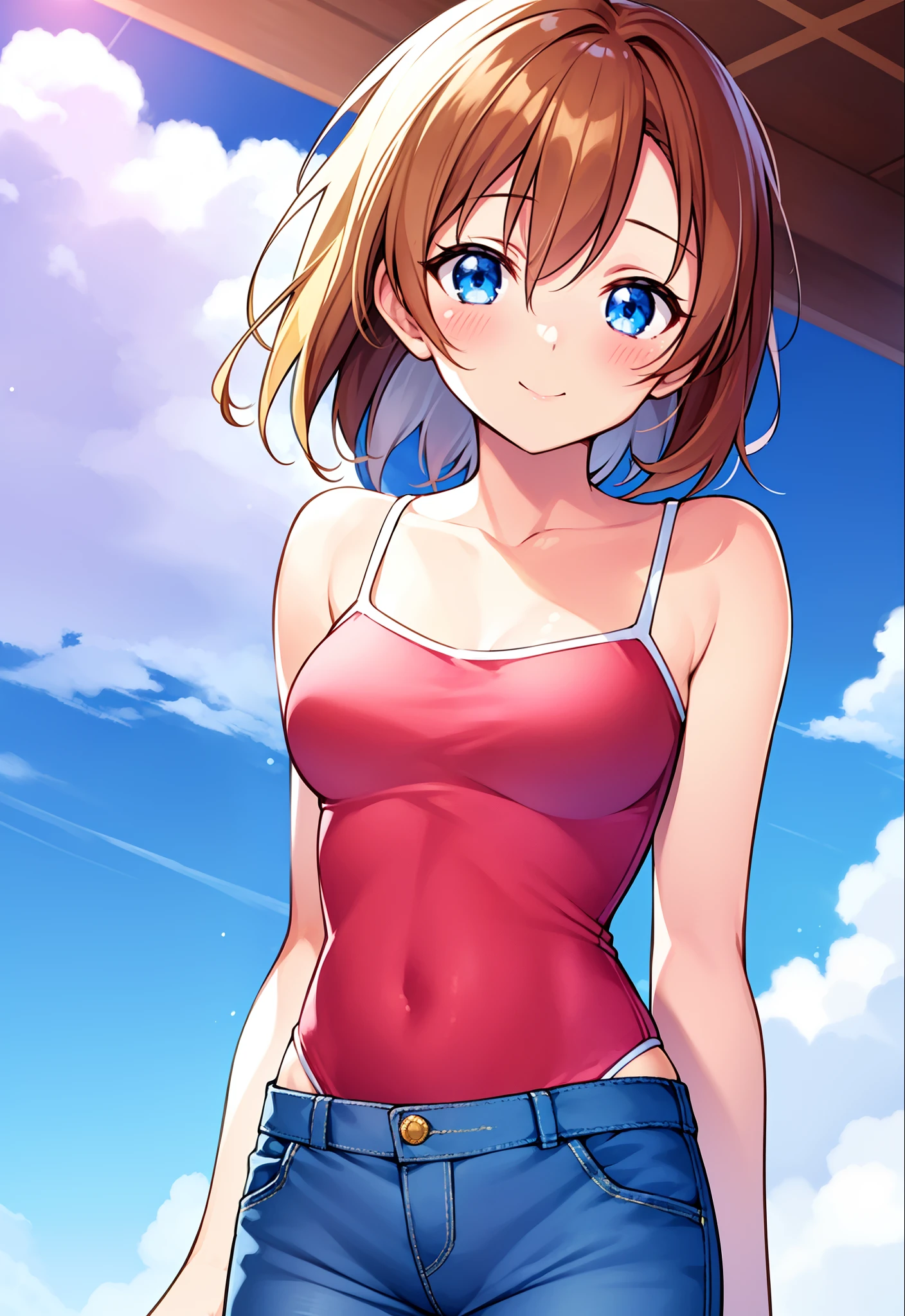 Kousaka honoka, blue eyes, best quality, masterpiece, upper body, standing, solo focus, short hair, medium breasts, one-piece_tan, tan, bikni top, denim jeans shorts, looking at viewer, mall, (blush:1.2), happy, side view