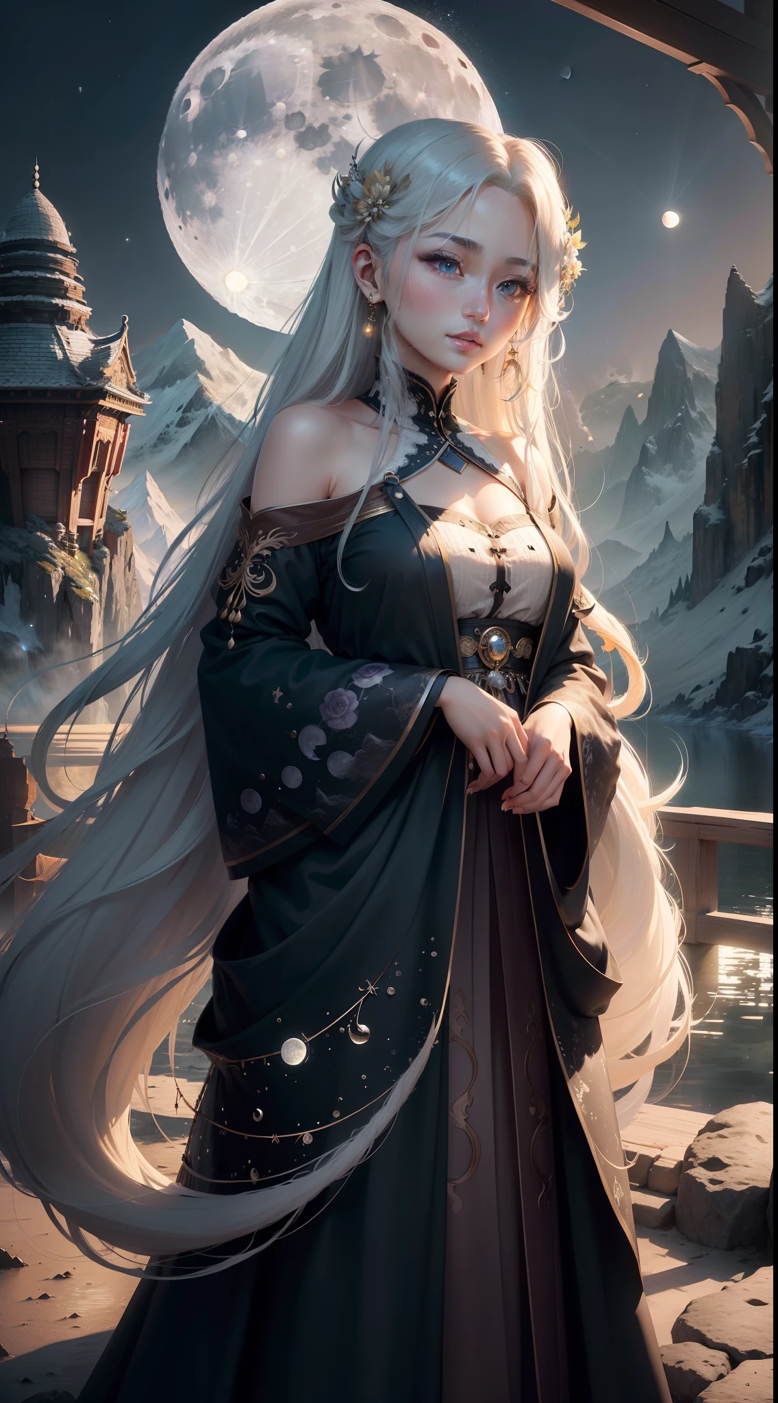 "(moon:1.4) (mountains:1.3) (beauty:1.2) (night:1.3) (poetry:1.4) The bright moon hangs high on the top of ten thousand mountains，Moonlight sprinkles on the mountain peaks，Illuminates the peaceful night。Between the mountains and rivers that are like a fairyland，A beautiful woman stands alone on the top of a mountain。She wore a gorgeous long dress，Long hair that hangs down to the waist like a waterfall。Her eyes were deep，As if looking for something。The moonlight reflected her side face，Intoxicating。Please pass superb drawing skills，Prominent depiction of bright moons、Magnificent peaks，and beautiful women，Conveys a poetic atmosphere and deep emotions。"