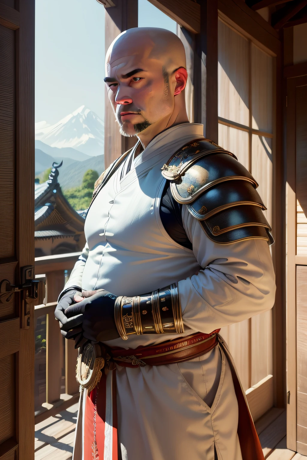 ((top-quality)), ((masterpiece)), ((Photorealsitic)), (ultra-detailliert),(Upper body only), (shaven)、Lack of hair、No watermark signature, Magnificent castle in the background , 细致背景, Screaming, insanely detaileda,shaven, complexly detailed, ((masterpiece)), absurderes, HDR, UHD, 8K, (Align Center, Frame Center), (foco nítido, charactor focus), 1male people, jpn, Wearing Japan armor, armor、fatness、 male people, monks、Fat、Bald、japanes、Old times、temple、brave
