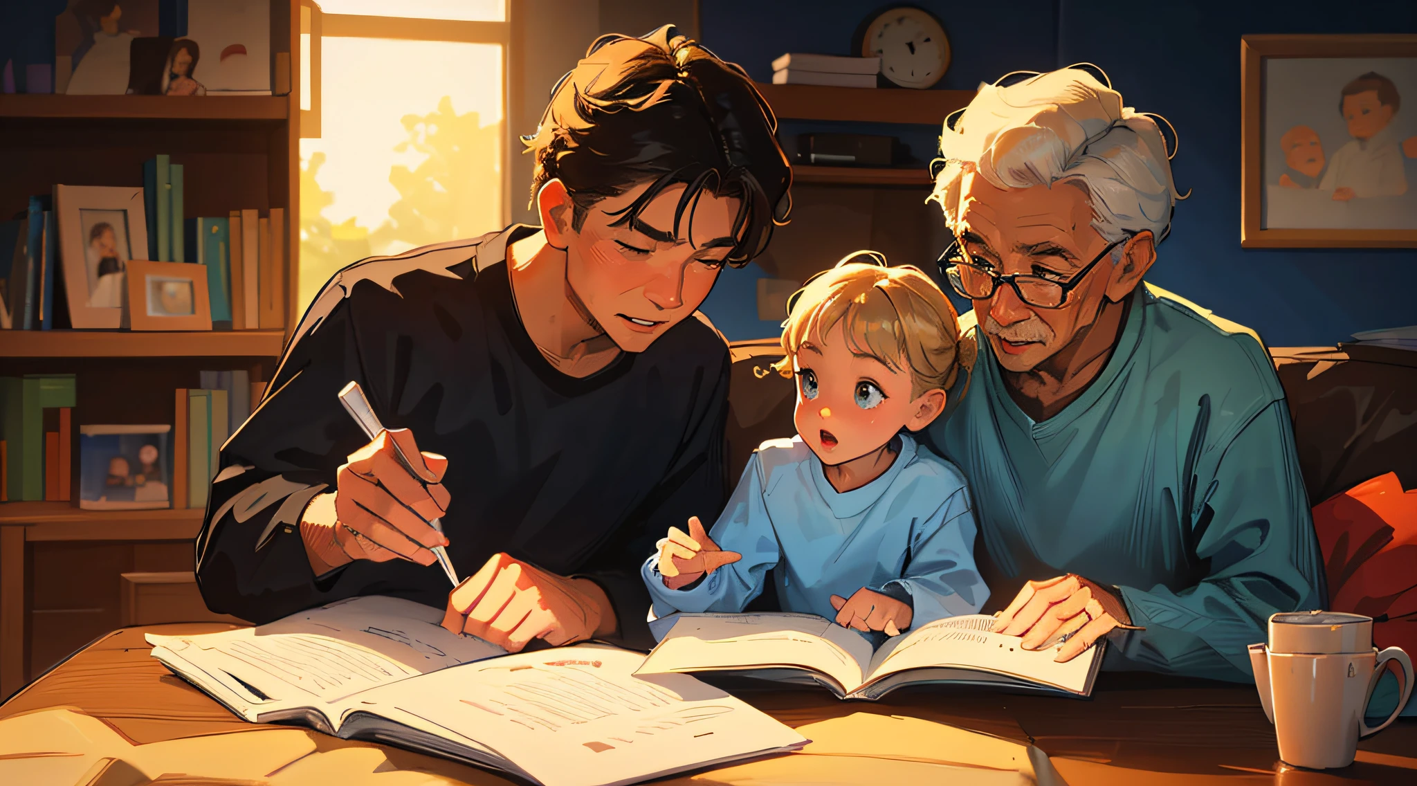 ((Best Quality, 8K, Masterpiece: 1.3)), A grandparent reading a bedtime story to their grandchildren, celebrating the generational ties within a family.