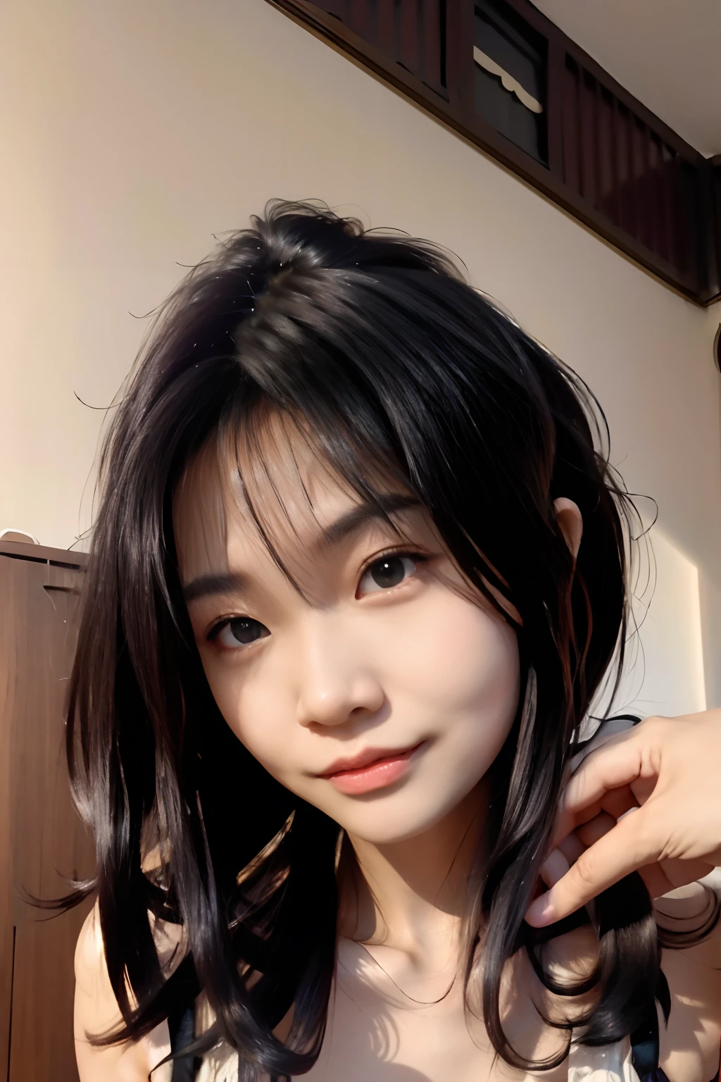 (Best quality:1.4),(8K resolution,Photorealistic,primitive,Image quality),(1girll),(Pretty face),(Realistic face),(Jet-black flowing hair,Short hair:1.3),(gorgeous hairstyle,Detailed eyes,Beautiful detailed eyes),(photorealistic skin tone),(Beautiful skin),(Lace lingerie),(Artistic),(Alluring),(Ultra-high resolution),(Hyper-realistic),(Extremely detailed),(Golden ratio)，small tits，Arms drooping，with hands behind her back