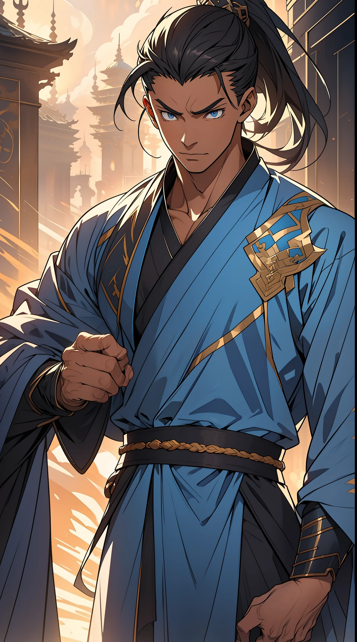 quadratic element,style of anime,mtu(Male Warrior),The proportions are correct,Face details,swordsmen,High ponytail hairstyle,Neck details,There is an Adam's apple,Blue suit,kaftan,long blue robes,clothes details,Handing over,longer sleeves,Game quality,Swordsmanship,Light and shadow tracking,Ray traching,detailed glow,cg render,hair detail,Black long hair,blue colored eyes,Handsome,Handsome,(juvenile sense),Clothing is complicated,Perfectcomposition,Refinement,high qulity,higher details,Lots of details,The background is complex,a sense of atmosphere,