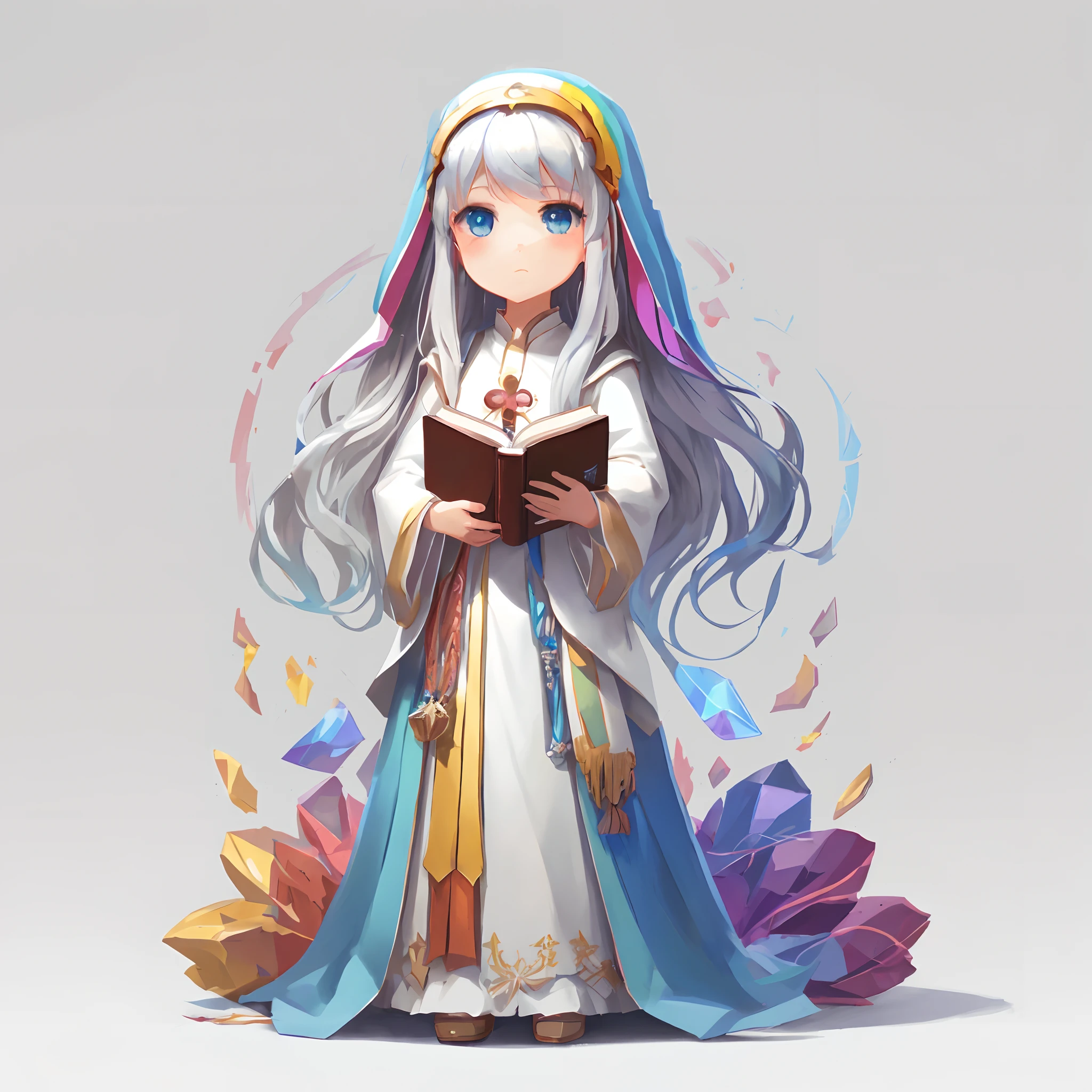 Anime girl with long white hair and blue dress holding book, white haired god, dressed like a cleric, anime fantasy illustration, cleric, pretty female cleric, beautiful wizard, Anime Illustration, high priestess, digital anime illustration, Stylized anime, full portrait of elementalist, holy fire spell art, artwork in the style of guweiz
