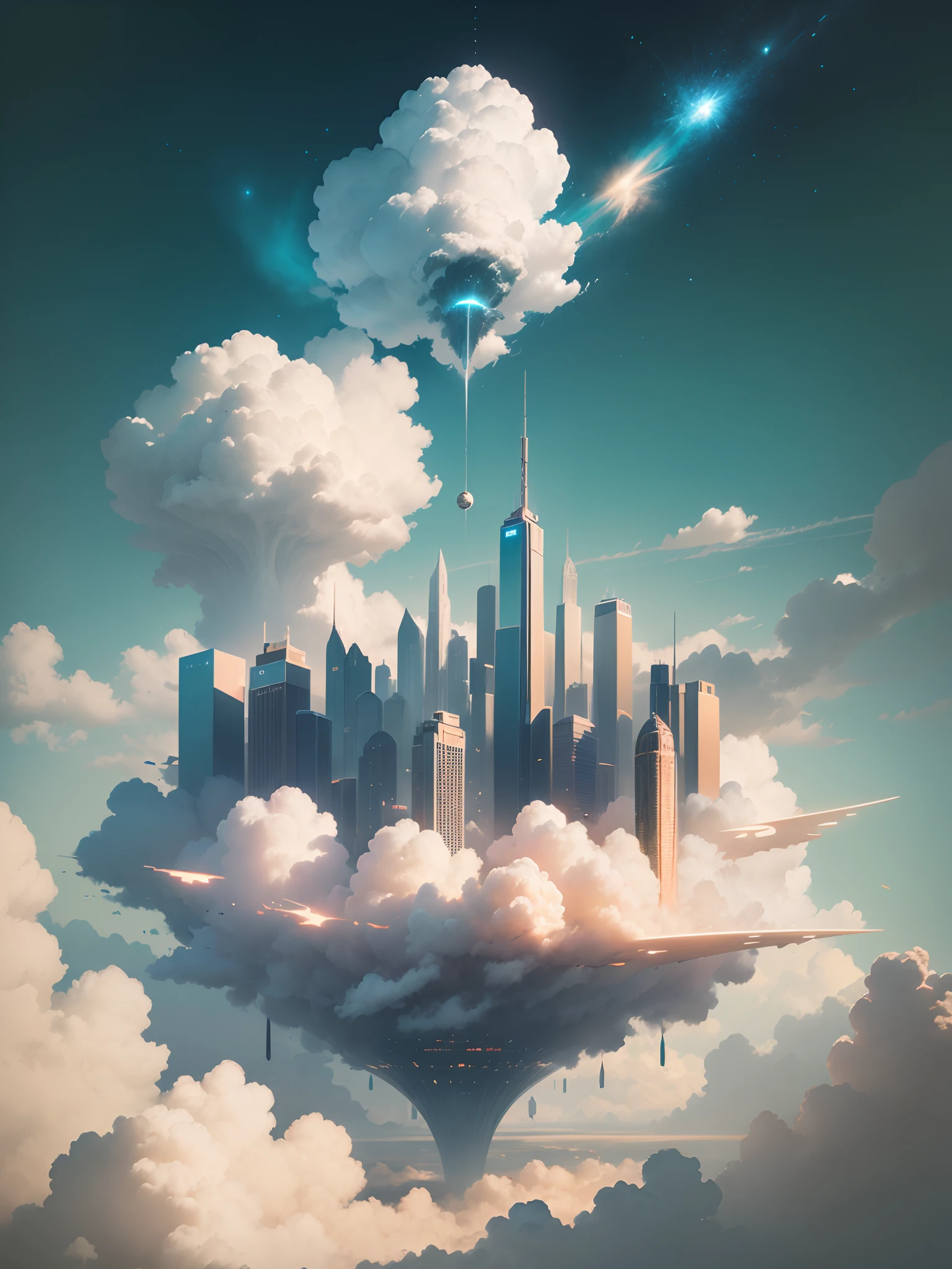 Title: A Utopian Metropolis in the Clouds
Keywords: 
Majestic,
Awe-inspiring,
Futuristic,
Whimsical,
Celestial 

Description: This collection envisions a utopian sky city floating amidst the clouds. Featuring sweeping vistas, towering skyscrapers, and celestial dreamscapes, each piece paints a vision of an idyllic metropolis high above Earth. With an art style that combines futurism and whimsy, this series aims to capture the grandeur and wonder of an imaginary world suspended in the heavens. A city of boundless optimism, freedom and imagination