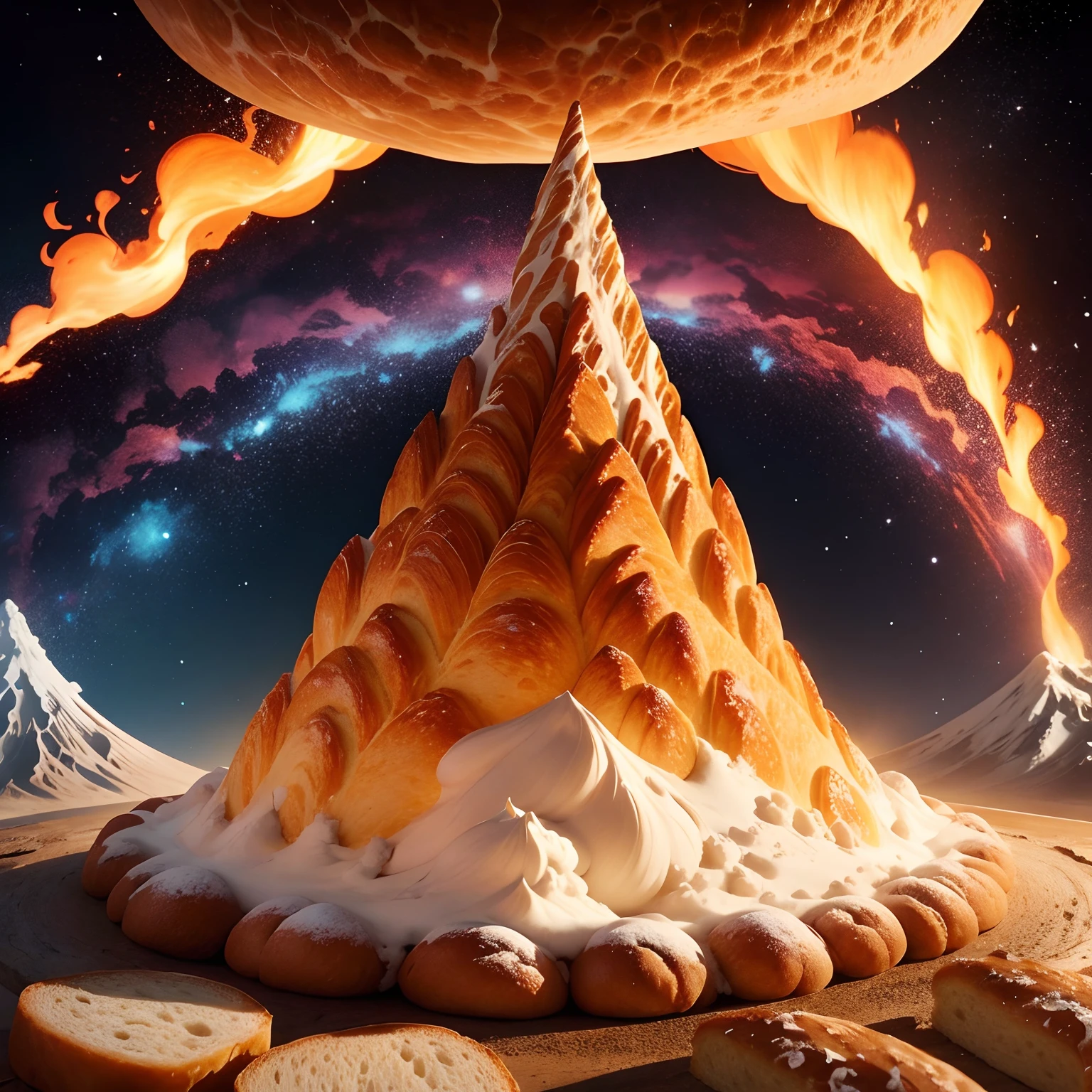 bread volcano erupting on center, shining bread, universe background