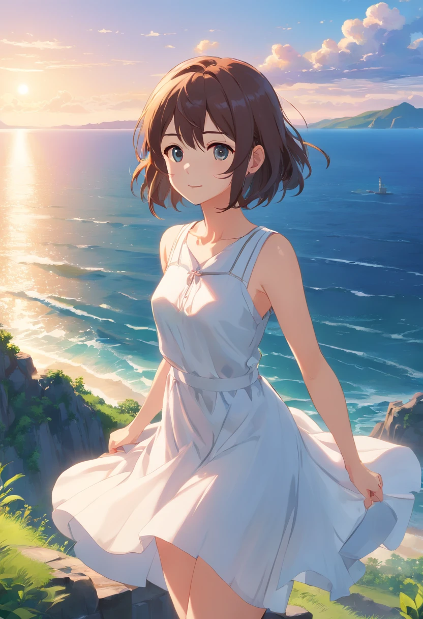 (8k、RAW Photography、top-quality、​masterpiece:1.2)、(realisitic、Photorealsitic:1.37)、ultra-detailliert、超A high resolution、女の子1人、see the beholder、beautifull detailed face、a smile、Constriction、(slim waist) :1.3)、The shirt、Beautiful detailed skin、Skin texture、floated hair、profetional lighting、Short bob hair、Wearing a white dress。Standing on a hill with a view of the sea、