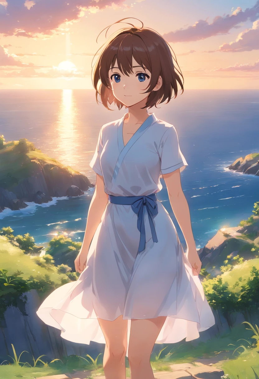 (8k、RAW Photography、top-quality、masterpiece:1.2)、(realisitic、Photorealsitic:1.37)、ultra-detailliert、超A high resolution、女の子1人、see the beholder、beautifull detailed face、a smile、Constriction、(slim waist) :1.3)、The shirt、Beautiful detailed skin、Skin texture、floated hair、profetional lighting、Short bob hair、Wearing a white dress。Standing on a hill with a view of the sea、