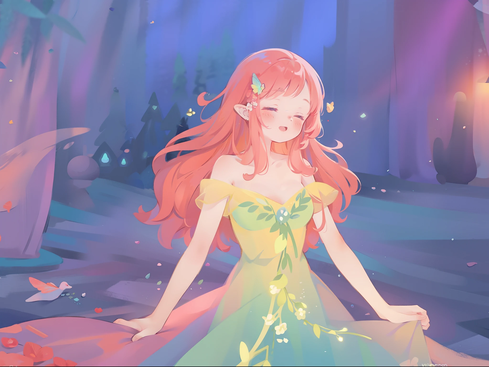 whimsical, bright colors, colorful, watercolor illustration, beautiful girl in ethereal ballgown, fairy wings, fairy lights, otherworldly landscape, fantasia, sharp focus, intricate detail, 8k
