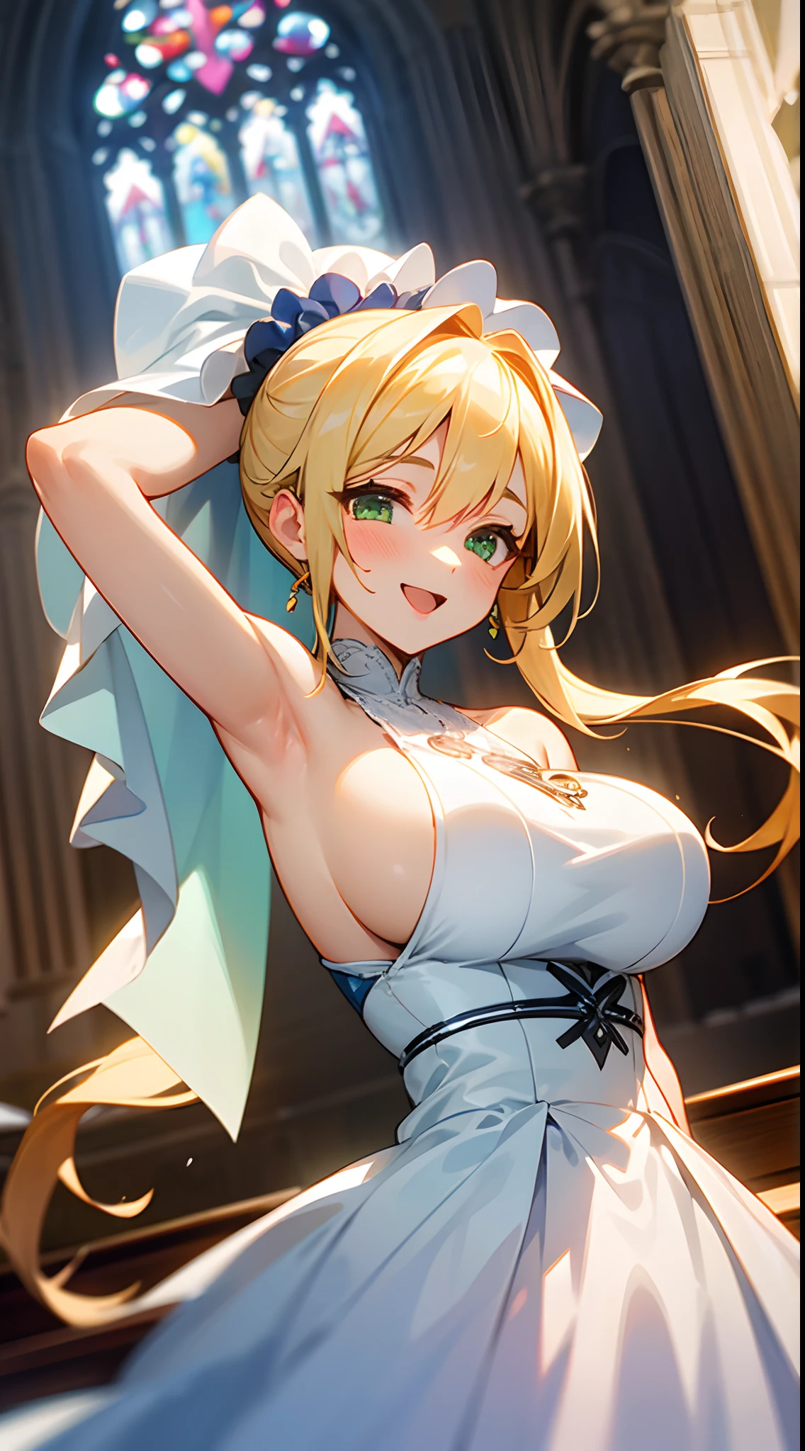 1 girl, game CG, white bride dress, shoulders visible, veil, scrunchie, gigantic breasts, blonde, middle hair, side ponytail, green eyes, happiness, church,