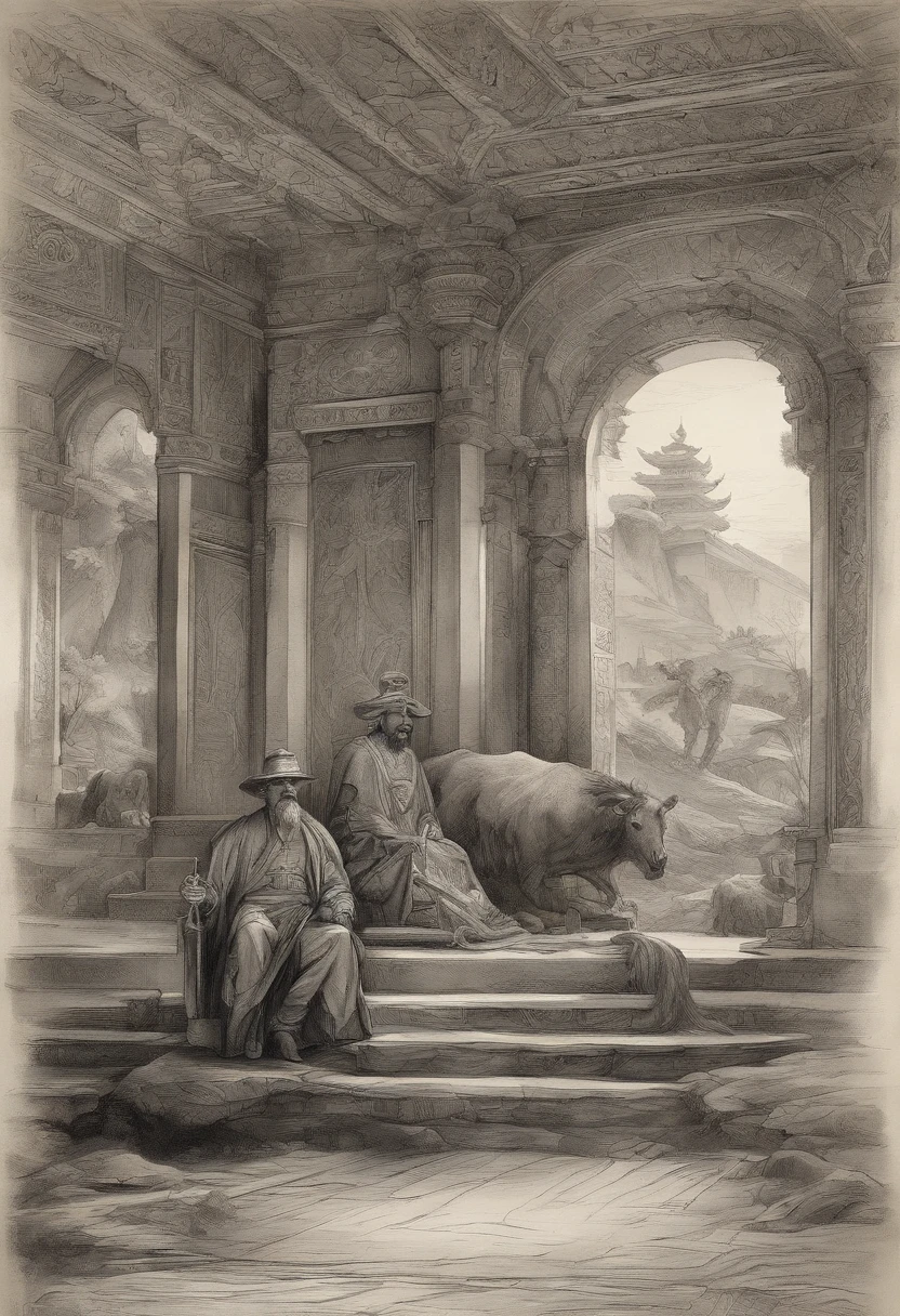 Vickers style, The graphics in the poster design are dark, Bullhead horse face in ink painting,A man in a black gauze hat sits in the lobby,Judge sinners The gods of ancient China, Super sharp,detail real, depth of fields,, fantasy coloring, romanticism lain, art-deco, Cinematic lighting, Depth of field, Sparkle, god light, Ray tracing, Ultra-wide angle, first person perspective, Wide shot, hyper HD, High quality, High details, Textured skin, Best quality