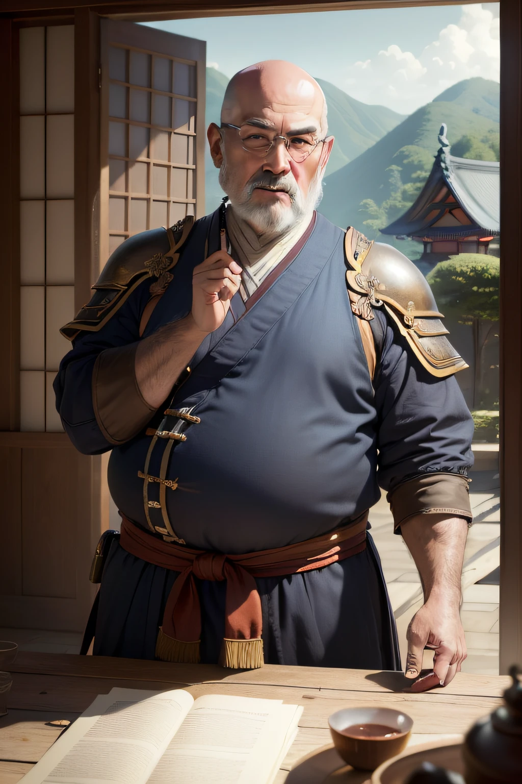 ((top-quality)), ((masterpiece)), ((Photorealsitic)), (ultra-detailliert),(Upper body only), (shaven)、(grandfather)、No beard、Getting older、Lack of hair、No watermark signature, Magnificent castle in the background , 细致背景, Mouth open, insanely detaileda,shaven, complexly detailed, ((masterpiece)), absurderes, HDR, UHD, 8K, (Align Center, Frame Center), (foco nítido, charactor focus), 1male people, jpn, Wearing Japan armor, armor、fatness、 male people, monks、Fat、Bald、japanes、Old times、temple、frail、old people、old