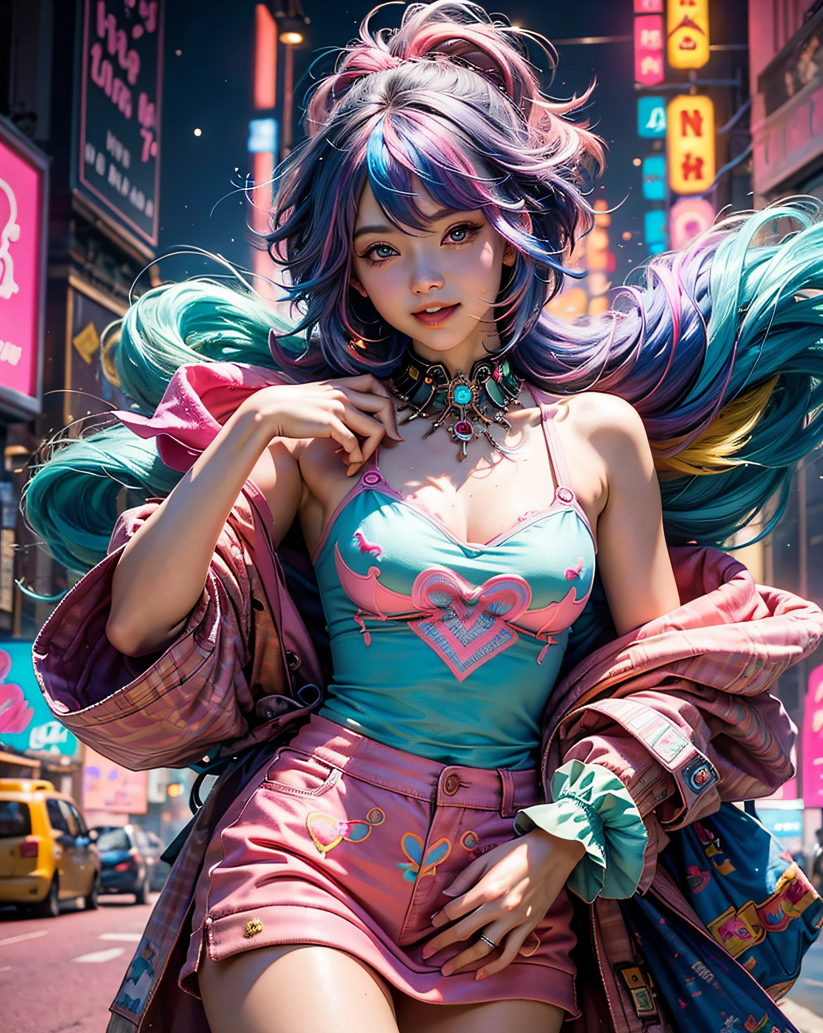 (masterpiece, top quality, best quality, official art, beautiful and aesthetic:1.2), (photoreal:1.5), BREAK 1 girl with a bunch of candy and a candy machine in her hand and a pink background with stars, upper body,smiling break Alice Prin, photo, a detailed painting, pop surrealism, (neon color hair:1.5),strong wind,giant marshmallow candy machine break needlework, intricate designs, textile art, handmade details, creative expression, colorful threads, cyberpunk, neo-dada BREAK