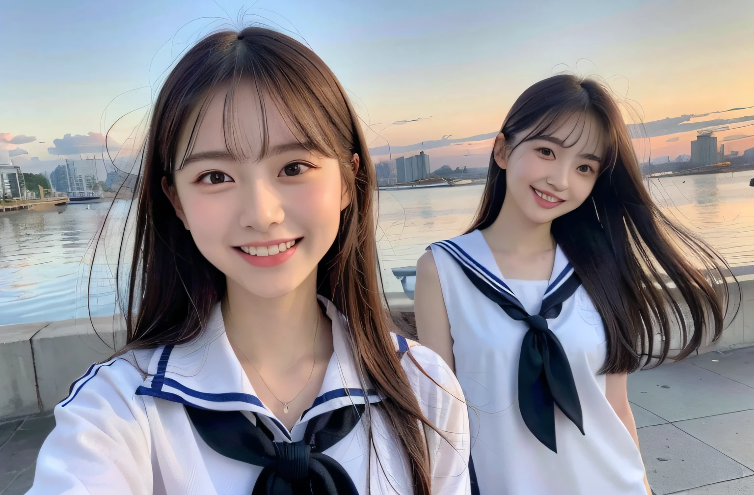 (8k, RAW photos, top quality, masterpieces: 1.2), super detail, super resolution, (real, real photos: 1.37), frolicking by the water, full body shots, full body photos, high resolution RAW color photos, professional photos, sun beach, emotional scenery, very detailed and beautiful, super high image quality, 8k wallpapers, amazing details, huge file size, very detailed beautiful girls, very detailed faceVery detailed eyes, very realistic skin, Very detailed fingers, Very detailed nose, Very detailed mouth, Perfect anatomy, Very detailed background, Very detailed clothes, Teen, Pretty girl, Famous Japan idol, Cute, Realistic body, Slender, White skin, Glowing skin, Slim body, Long straight hair, (dull bangs:1.2), Realistic face, Delicate eyes, Double eyelids, Sailor suit, red tie, pink eye shadow, high school girl Friend Smiling hair, after school Beautiful sunset Beach brown hair Energetic belly button out High school girl youth Celebrity-level cuteness Frolicking with multiple high school girls Looks fun A figure full of smiles, open arms facing us, adorable smile