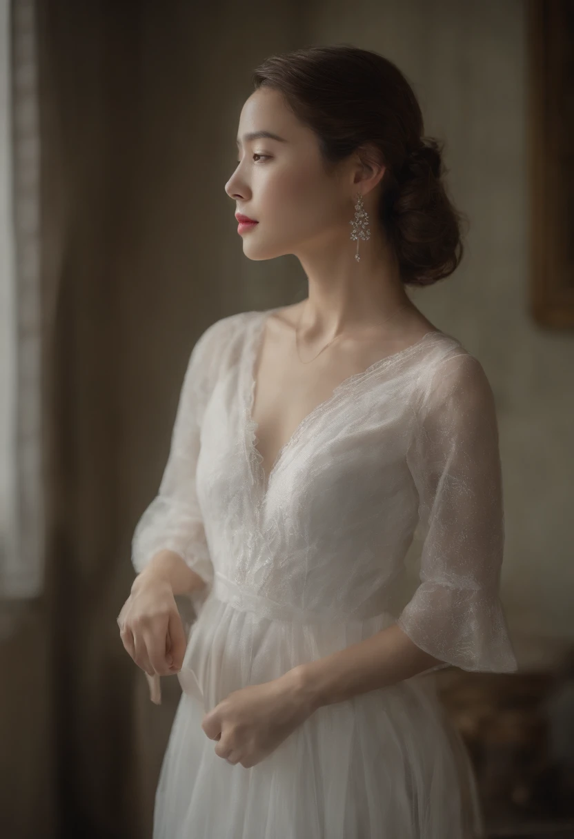 A woman in a white dress standing in front of a window - SeaArt AI