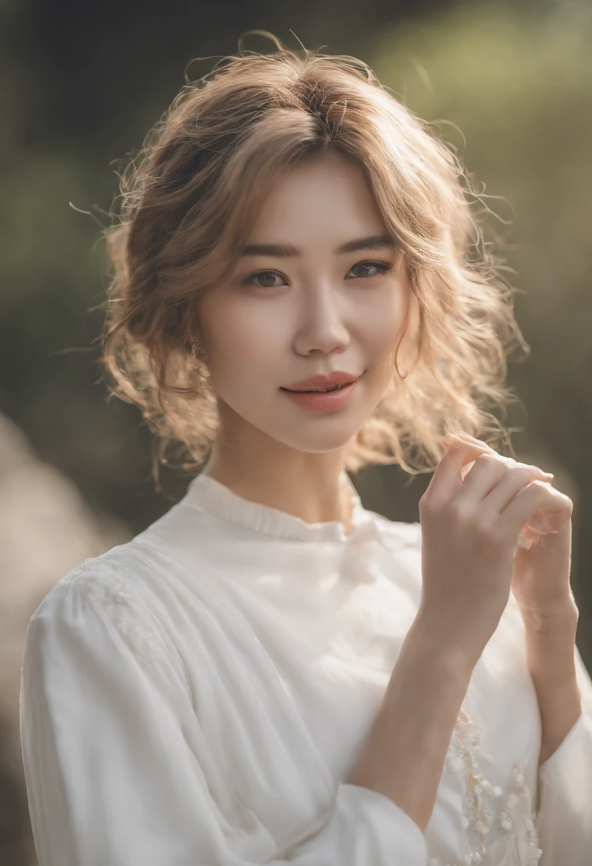 (8k、RAW Photography、top-quality、masterpiece:1.2)、(realisitic、Photorealsitic:1.37)、ultra-detailliert、超A high resolution、女の子1人、see the beholder、beautifull detailed face、a smile、Constriction、(slim waist) :1.3)、The shirt、Beautiful detailed skin、Skin texture、floated hair、profetional lighting、Short bob hair、Wearing a white dress。Standing on a hill with a view of the sea、