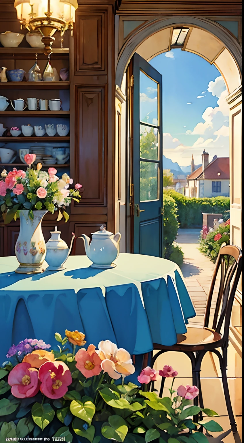 ((Watercolor in Sargent style))、 Close up of vase and table, With French Garden, House kitchen on a sunny day, French Village Interiors, Bright window lighting kitchen, Architectural Digest, Holmes and Garden Magazine, House and garden, Architectural Digest Photo, summer morning light, with flowers and plants, Vignette