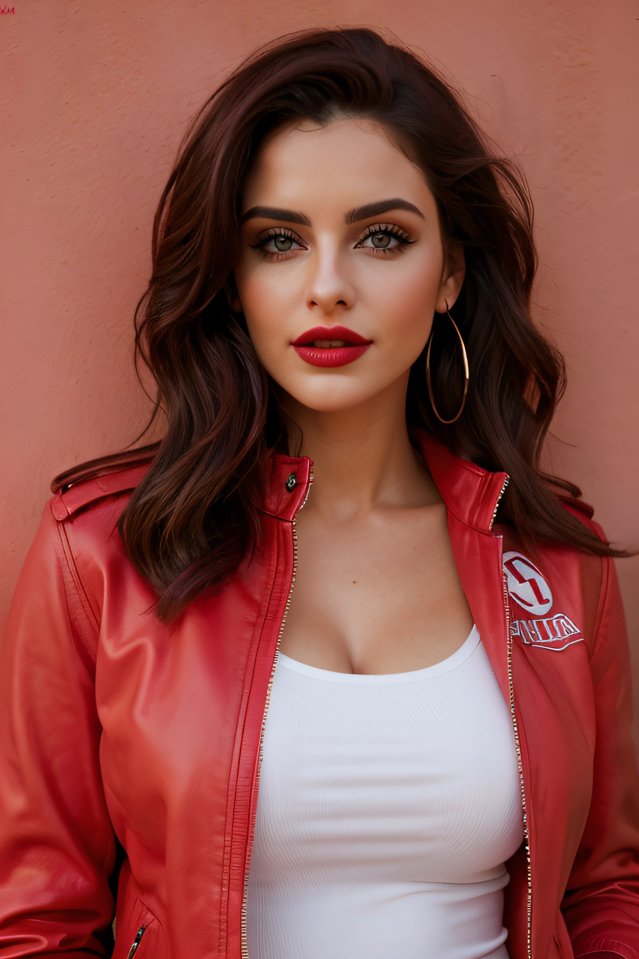 (La mejor calidad,realista:1),sexy, feliz, chaqueta color rojo, Ojos y labios detallados, Bold expression