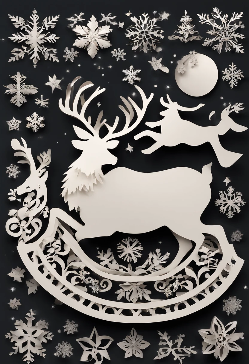 Christmas elements, santa claus Reindeer pulling a sleigh Black background, Illustrated minimalist image of a set of exclusive stickers