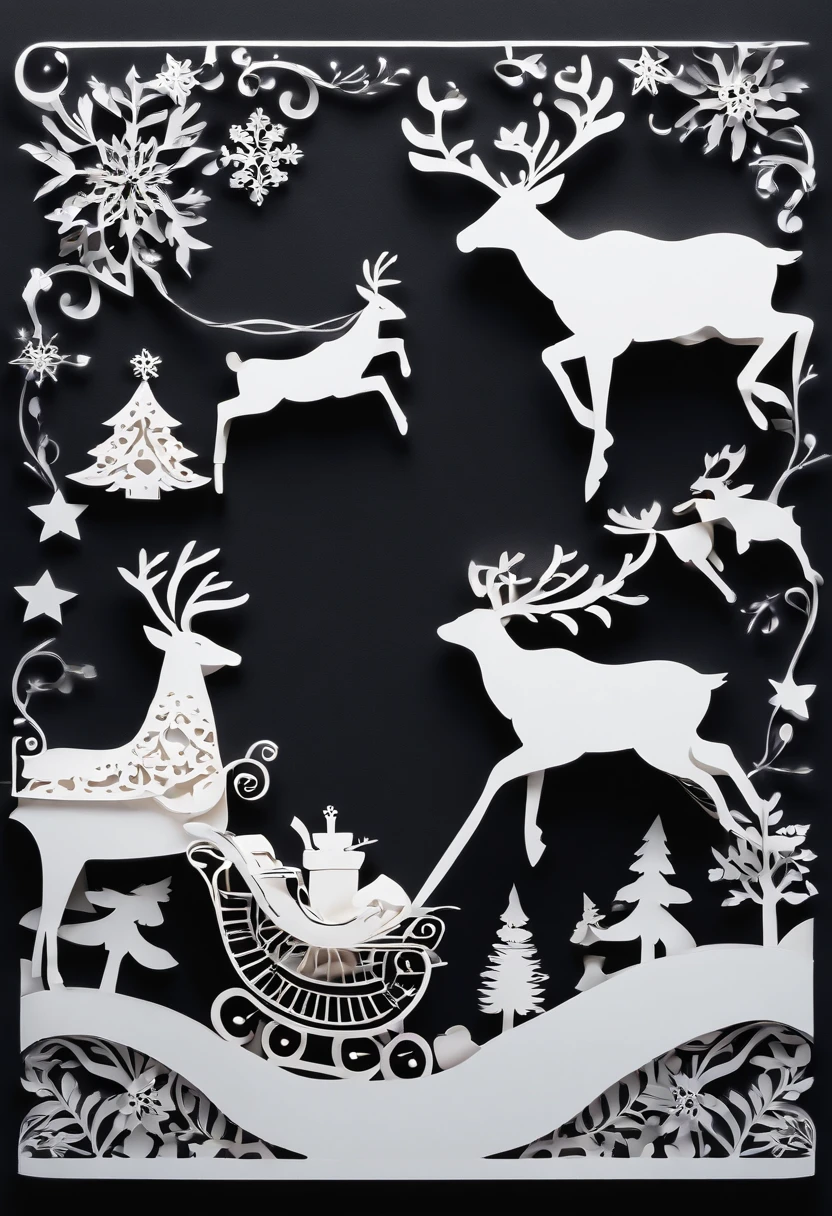 Christmas elements, santa claus　Reindeer pulling a sleigh　Black background, Illustrated minimalist image of a set of exclusive stickers