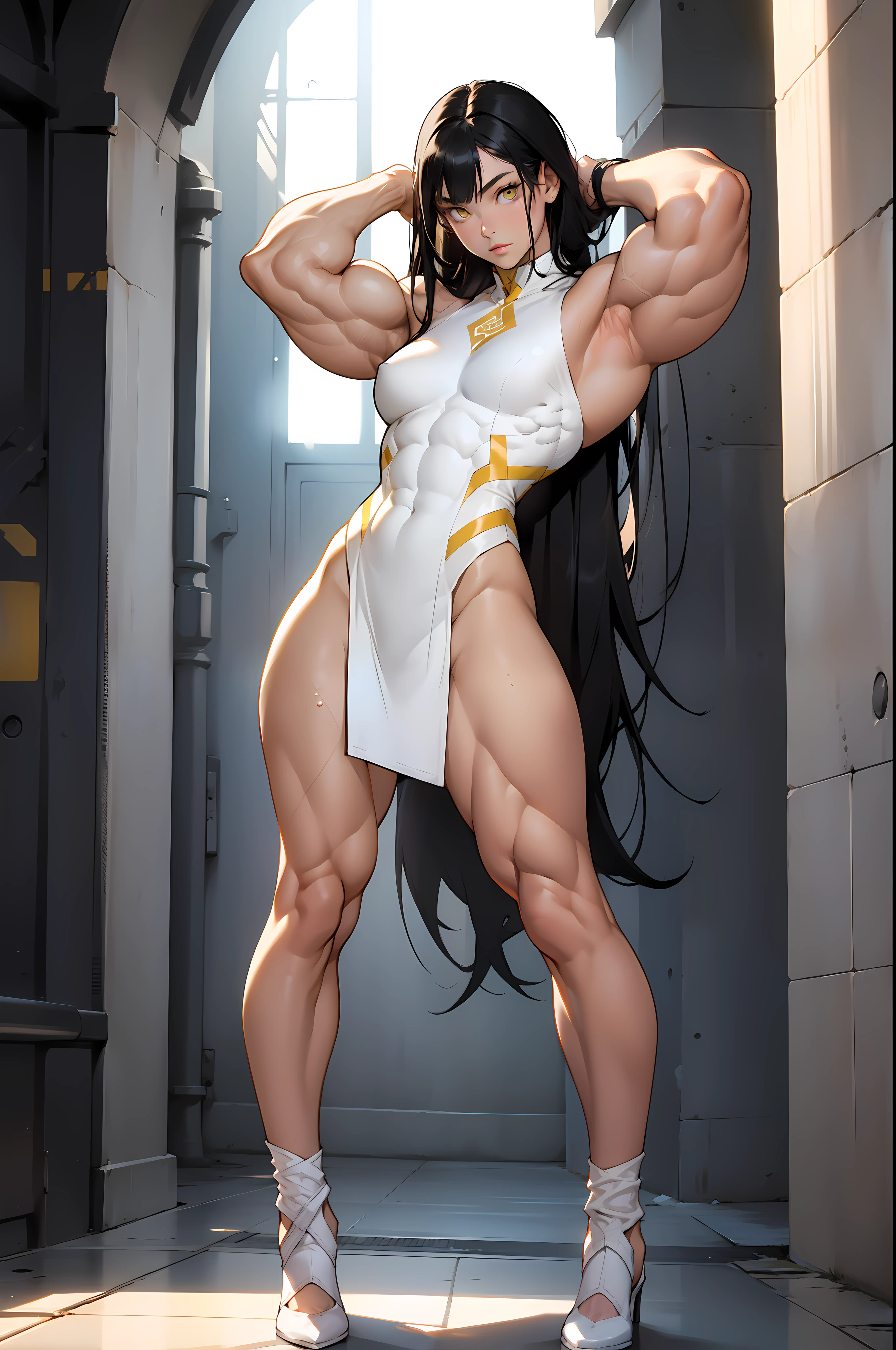 (((((1 girl))))), black hair, yellow eyes, very long hair, ((((((muscular)))))), tall, pale skin, tight dress, ((full body)), (solo), leotard, arms over head