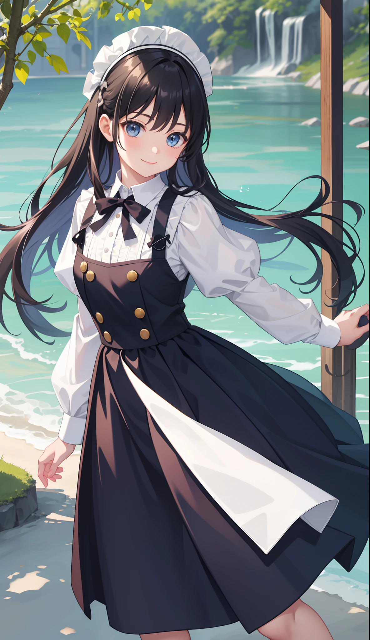 1girl in、AS-Adult、A smile、The shirt、skirt by the、（small tits）、doress、pinafore、hair adornments、（Maids）、Walking with a thigh、Upper body portrait、