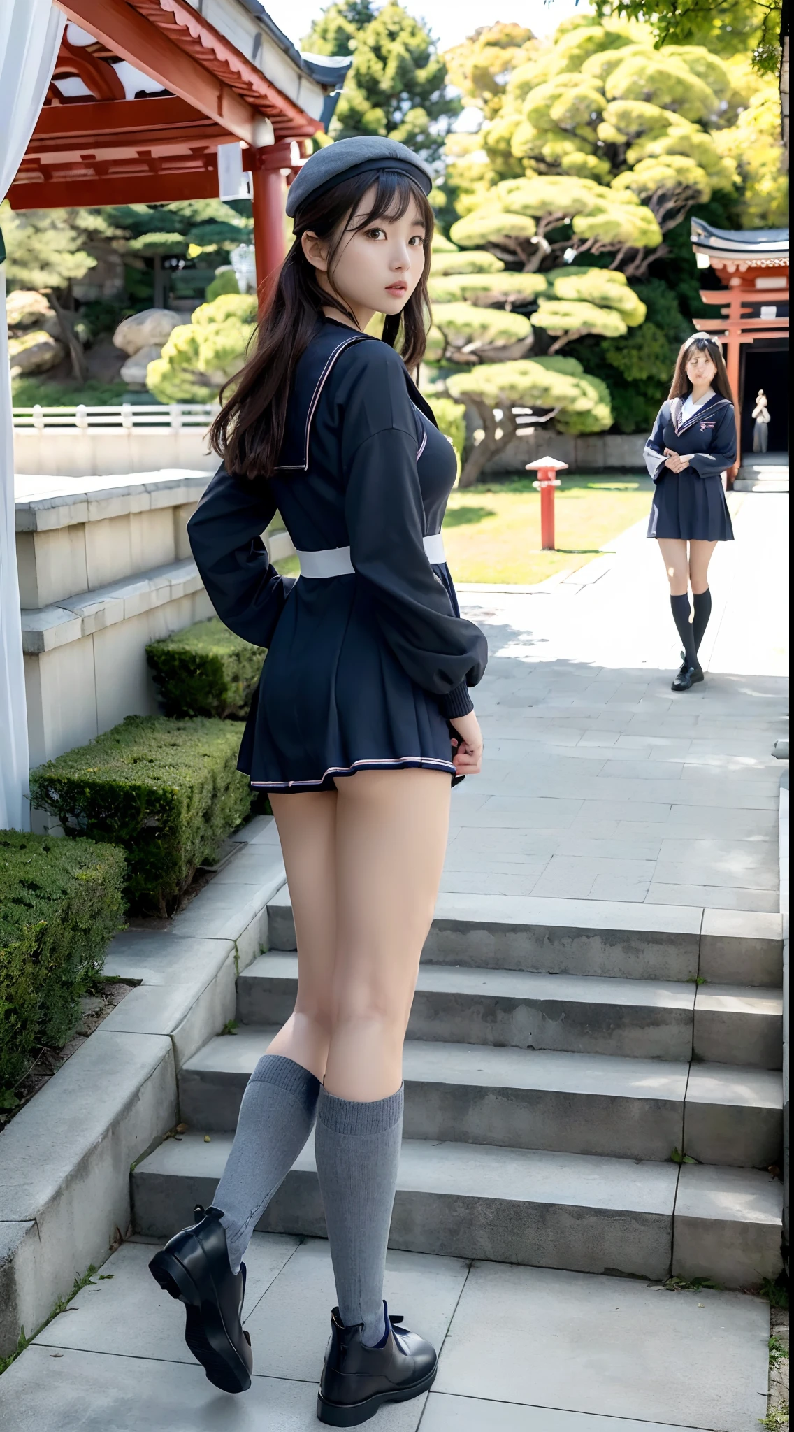 mix4, (16 K, Raw photography, Top image quality, masterpiece: 1.45), (realisitic, Photorealsitic: 1.37), one girls, 7.5, etc、Random hairstyle、Standing figure,Noon time slot、a very cute, Precincts of the shrine,stone stairs, profetional lighting, photon maping, a park、physically-based renderingt, Gradient dark brown hair,, a handsome, Well-groomed and beautiful eyes、Large double eyelids、Very shiny、girl with, (((student clothes、Long sleeve sailor suit worn by Japan girl、red cuffs、Dark blue mini skirt, Small gray beret、Dark blue knee-high socks、Black loafers))), Top Quality Photos, hight resolution, 1080p, (clearface), (Detailed face description), (Detailed hand description), (masterpiece), (Exquisite CG)、extreme light and shadows、dishevled hair、master work、abundant detail、(Fine facial features)、(top quality photo)、(masuter piece)、(A detailed eye)、Look in front of you、Fine clavicle、((Slender big))、(((Japan schooln long-sleeved sailor suit)))、((Ready Idol System))、((Precincts of the shrine、torii gate、Tesuisha、Komainu))、(Shooting from random perspectives)、(((Anyway cute)))、耳Nipple Ring、A big smile、Drawing the whole body from the knees、Do not draw nasolabial folds、(((Long-sleeved sailor suit)))、(Big breasts that hang down big:1.2)、Big buttocks with tension、Two arms and two legs、(((from the front side:1.2)))、bare hand、No mask、