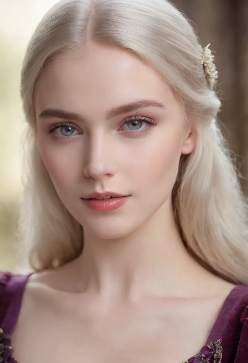 pale fair complexion, woman around 18 years old, natural silver-blonde hair, violet eyes, wearing kohl, beautiful, large breasts, innocent looking, candlelight in a medieval setting, ultra sharp focus, realistic shot, medieval female clothes, upper body shot
