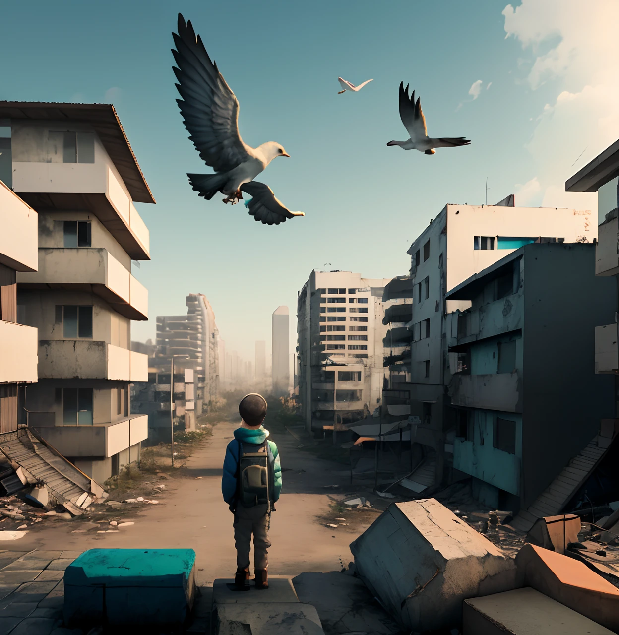 There is a boy on the mountain standing watching a tall building, arte conceitual digital de distopia, em uma paisagem urbana arruinada, A sad scenario of destruction and abandonment, bipe de recuo, 3 d render bipe, cinematic beeple, in a post apocalyptic city, uma favela de estilo cyberpunk, paisagem urbana em ruinas ao ar livre, with birds flying,