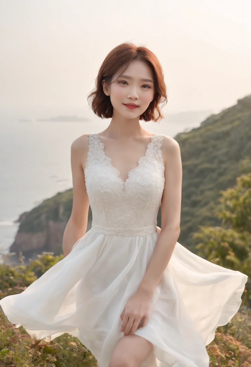 (8k、RAW Photography、top-quality、masterpiece:1.2)、(realisitic、Photorealsitic:1.37)、ultra-detailliert、超A high resolution、1人、see the beholder、beautifull detailed face、a smile、Constriction、(slim waist) :1.3)、The shirt、Beautiful detailed skin、Skin texture、floated hair、profetional lighting、Short bob hair、Wearing a white dress。Standing on a hill with a view of the sea、