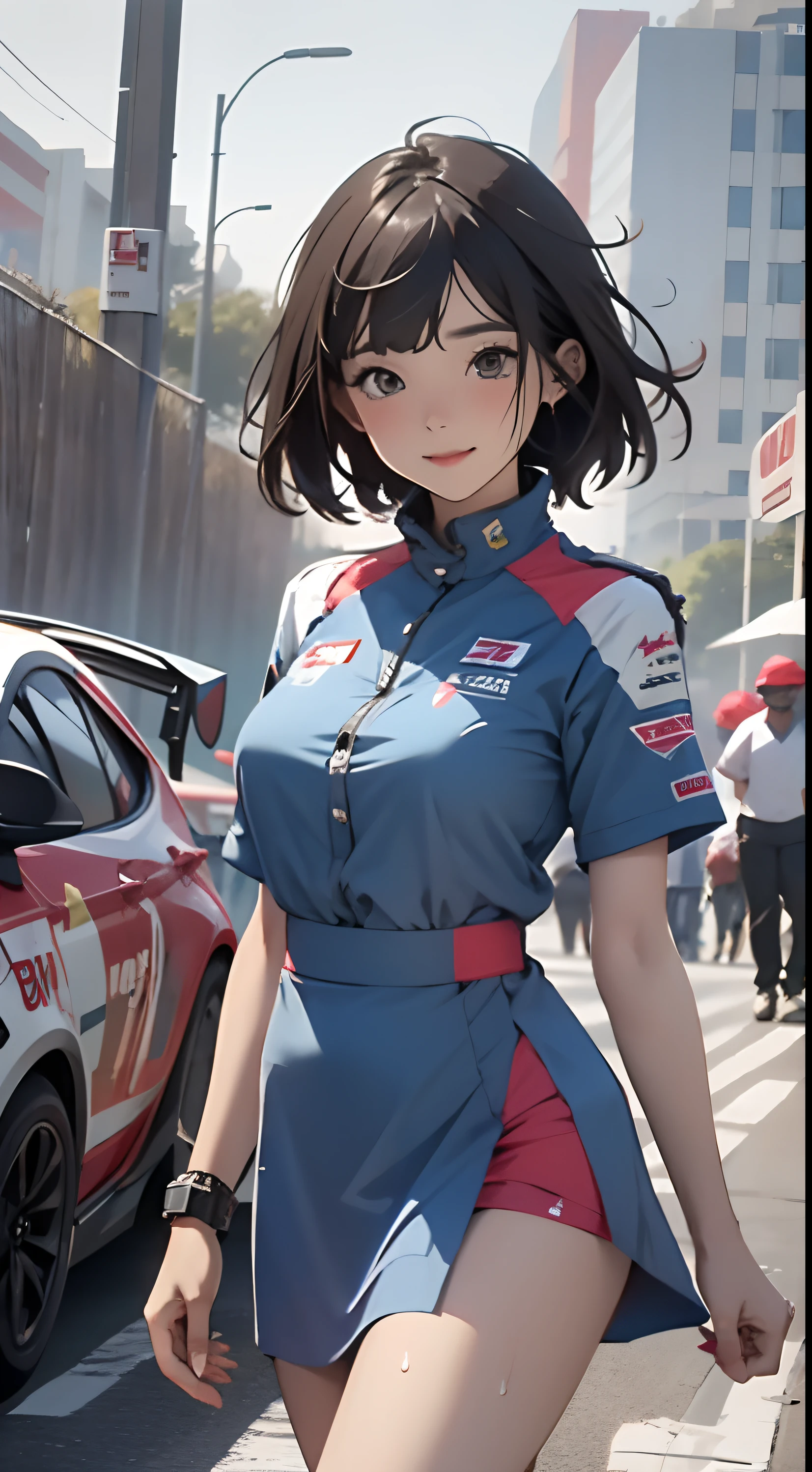 Anime girl in blue dress, oppai, biomechanical oppai, in dress, oppai proportions, Ecchi, Big breasts!!, with a big chest, pixiv 3dcg, Big breasts!, (SFW) safe for work, Ecchi anime style, けもの, Seductive Anime Girl, 1girl huge large breasts,、((top-quality)), ((masterpiece)), A smile, Pitch Resuit, Colossal tits, Puffy nipple, knee high, Naughty face, knee high white, Adult Woman, (cum in vaginas:1.3), cum in mouth, (Overflowing G-string:1.5), Sobbing tears, short-cut, Check mini skirt, l, Race Queen, A slender, masterpaintings, best qualtiy, Photorealsitic, ultra-detailliert, (shiny skins, perspired:1.4), Watch the crowd, With short black hair, Brown-eyed, slender, dynamic light and shadow, hight resolution, Sharp Focus, depth of view, The eyes are delicate, Sharp pupils, pupil realistic, (Colossal tits), A slender, (thick thight), outside of house, Skysky, Tight skirt, Short skirt, Grid Girl, underboob, Wet_Clothes, Wear the grid_Girl costume printed with sponsor's logo, (Stand in a motorsport race)+, left hand on waist