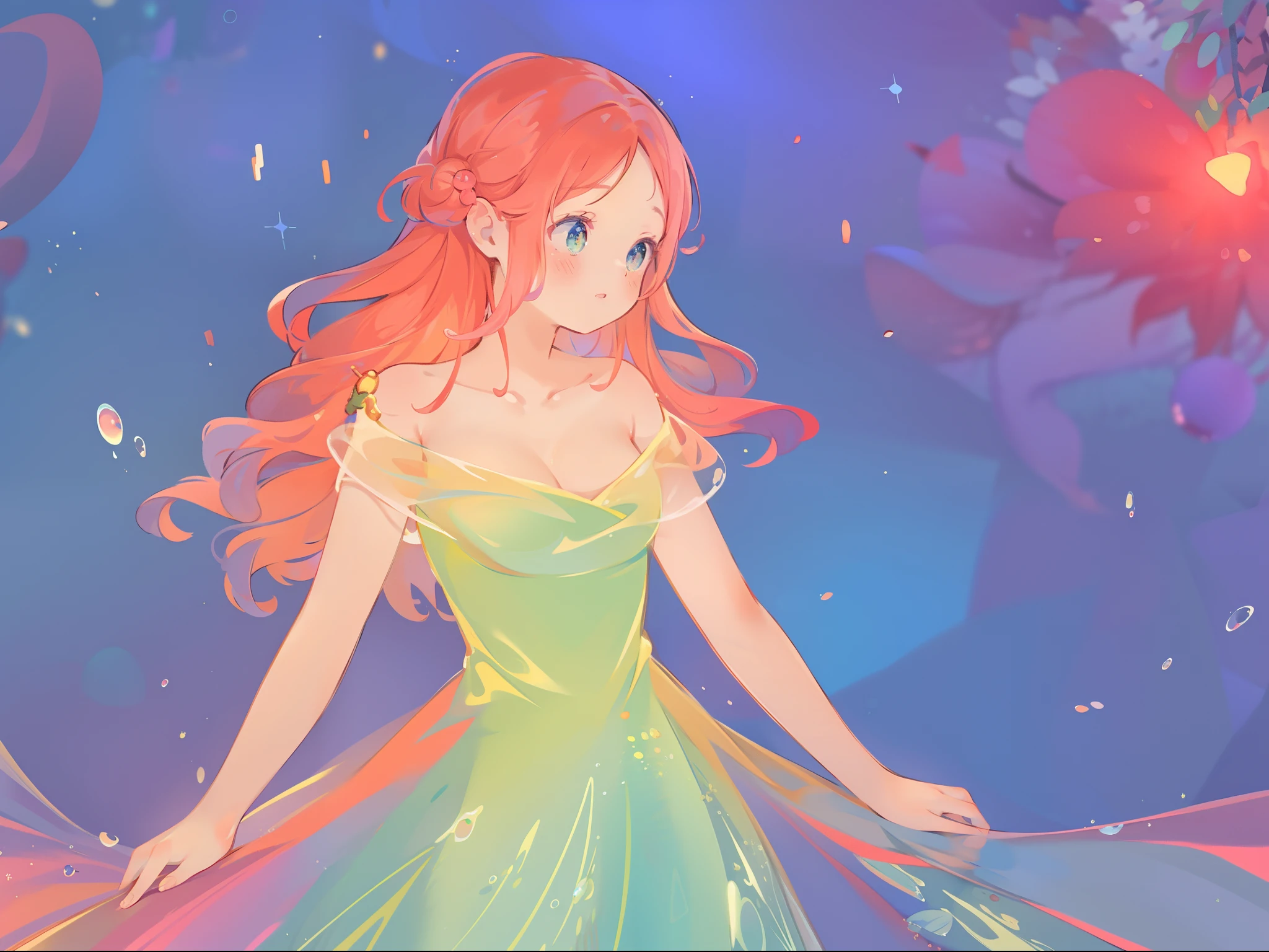 masterpiece, best quality, 8k resolution, sharp focus, intricate detail, beautiful girl, sparkling eyes, golden ratio face, otherworldly liquid, watercolor, ((pastel colors)), bright colors, whimsical, colorful, sharp focus, high resolution, fine detail, shimmering liquid ballgown, ((round eyes)), iridescent bubbles, fantasia background