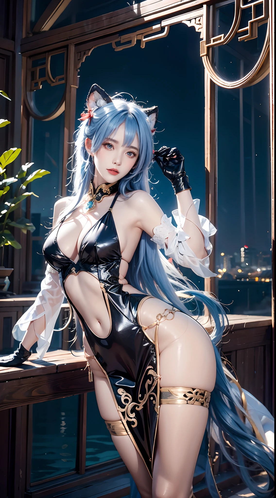 photorealistic, high resolution,masterpiece,best quality,ultra-detailed, 1women, hips up, blue eyes, ahoge, architecture, bangs, bare shoulders, bell, black gloves, black pantyhose, (blue hair), blush, breasts, chinese knot, detached sleeves, east asian architecture, flower knot, gloves, horns, long hair, medium breasts, neck bell, night, outdoors, pantyhose, purple eyes, tassel, white sleeves , intricate, back view