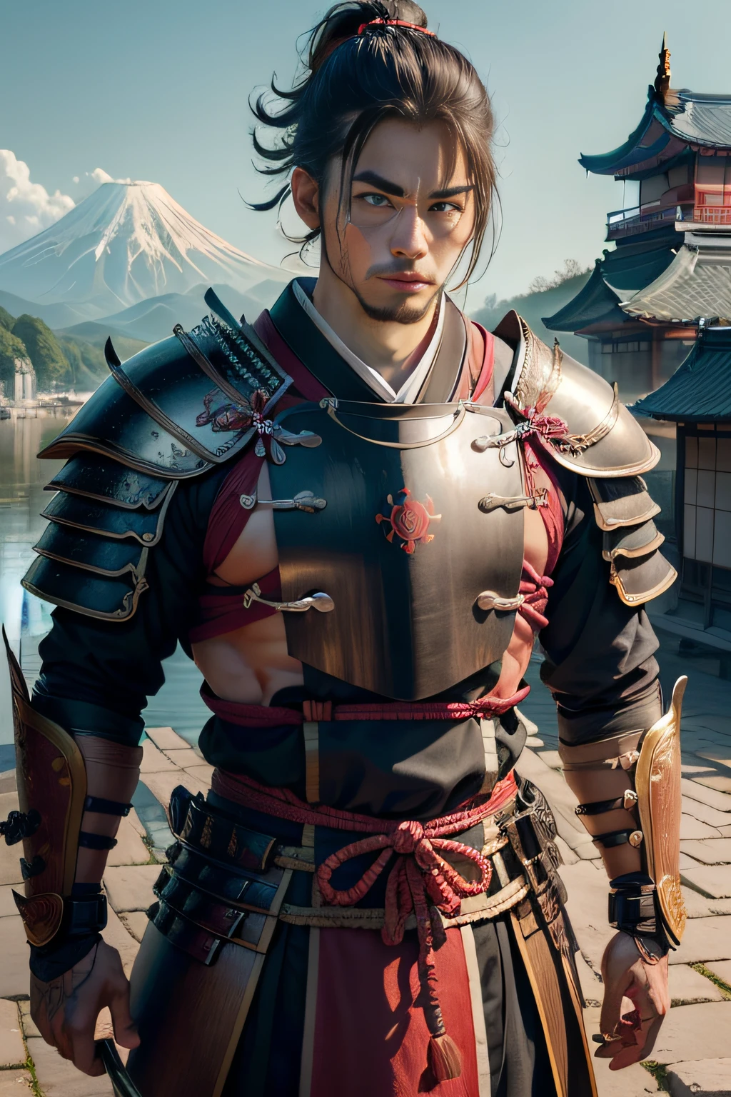 ((top-quality)), ((masterpiece)), ((Photorealsitic)), (ultra-detailliert),(Upper body only), No watermark signature, Magnificent castle in the background , 细致背景, insanely detaileda, complexly detailed, ((masterpiece)), absurderes, HDR, UHD, 8K, (Align Center, Frame Center), (foco nítido, charactor focus), 1male people, japanese samurai, Wearing Japan armor, armor、thin-waist, well-muscled, big muscular Thigh, male people, a handsome, samurais、samurais、Eye patch over one eye、Solitary Dragon