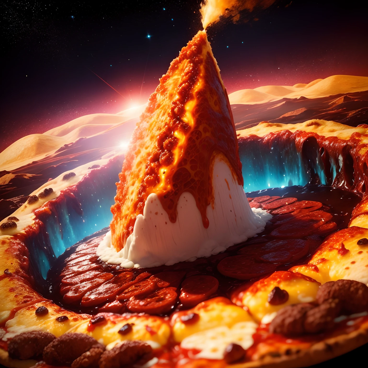 pizza volcano erupting on center, shining pizza, universe background