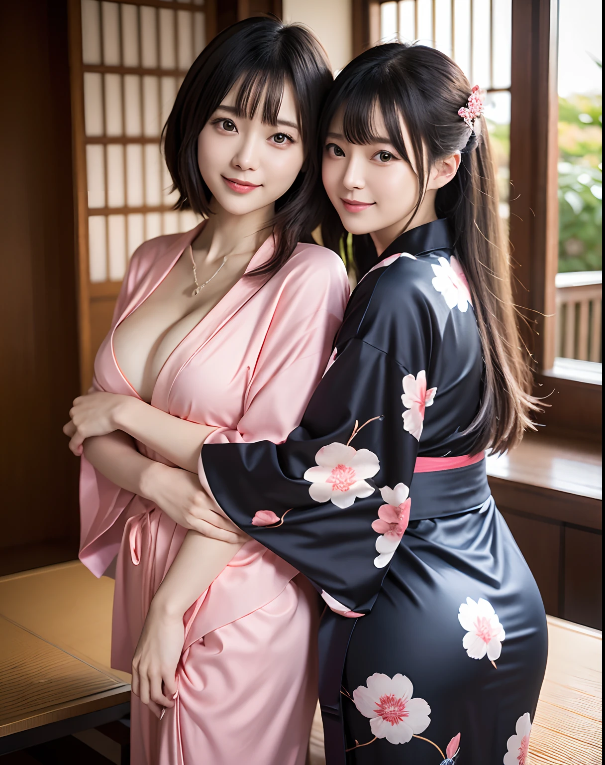 The beauty of two people in a yukata、middlebreasts、Japan woman in yukata posing for photo, In a yukata with slits, in yukata, Highly detailed yukata, artwork in the style of guweiz, beautiful alluring female, goddess of Japan, photorealistic girl render,  Japanese Yukata, Kimono, Luxurious yukata, Dark pink kimono、elegant japanese woman, [ 4 k digital art ]!!、Medium hair、a necklace、耳Nipple Ring、Japanese garden、the collar is closed、I can't see the valley、Two people hugging each other's hips、Turn your butt to the viewer:1.5、Looking back here、Eyes meet、Poses to seduce:1.4、The shape of the buttocks is faintly visible from the top of the clothes