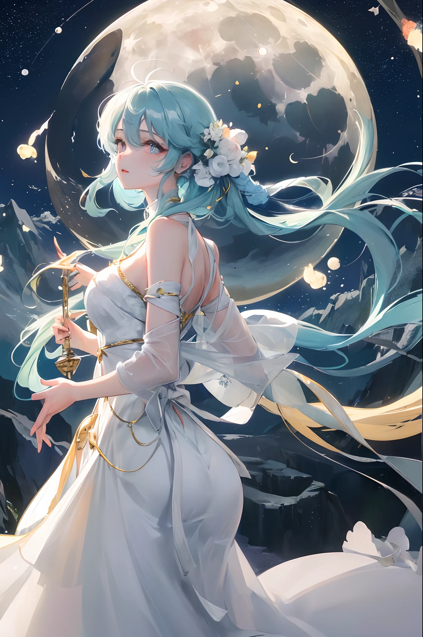 "(moon:1.4) (mountains:1.3) (beauty:1.2) (night:1.3) (poetry:1.4) The bright moon hangs high on the top of ten thousand mountains,Moonlight sprinkles on the mountain peaks,Illuminates the peaceful night。Between the mountains and rivers that are like a fairyland,A beautiful woman stands alone on the top of a mountain。She wore a gorgeous long dress,Long hair that hangs down to the waist like a waterfall。Her eyes were deep,As if looking for something。The moonlight reflected her side face,Intoxicating。Please pass superb drawing skills,Prominent depiction of bright moons、Magnificent peaks,and beautiful women,Conveys a poetic atmosphere and deep emotions。"