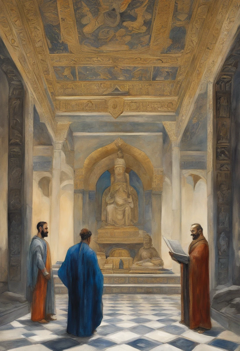 Ancient Eastern mythology, Spooky feeling, A man in a black robe sits in the middle of the lobby, On the left stands a man in white holding a brush and holding a book, On the right stood a man in a blue robe with a bull's head and a horse's head。In the middle of the lobby knelt a man in rags。, super detail, highres