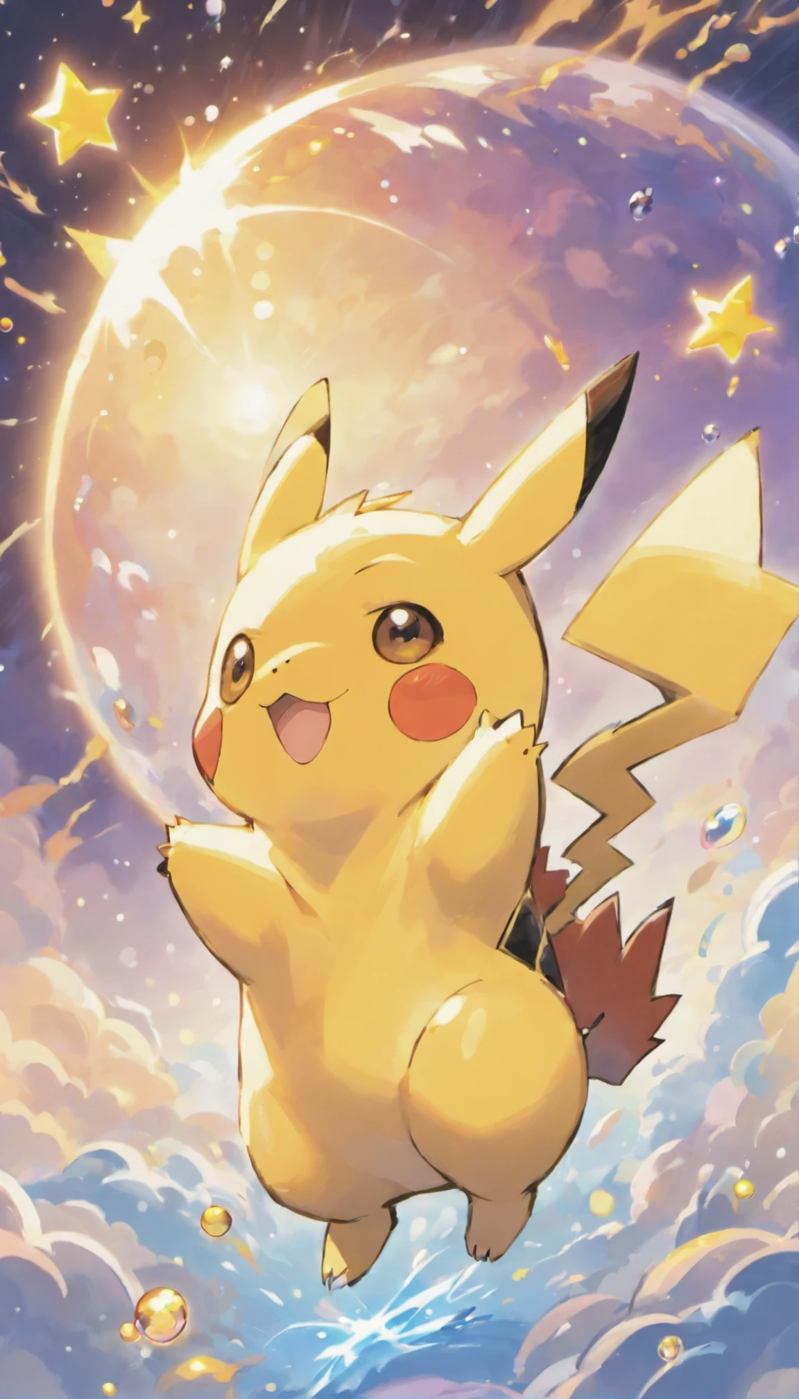 Cute Pikachu，Lively and agile，Yellow soft hairs，Red blush，sparkling big eyes，Cute little pointy ears，Lightning background，Surreal、Otherworldly、Illustration of the super sky scene，Beautifully rendered down to the smallest detail, See the bubbles gently blowing into the air，Dream creation, Magical effect. The overall atmosphere is soft, Full of hope and tranquility