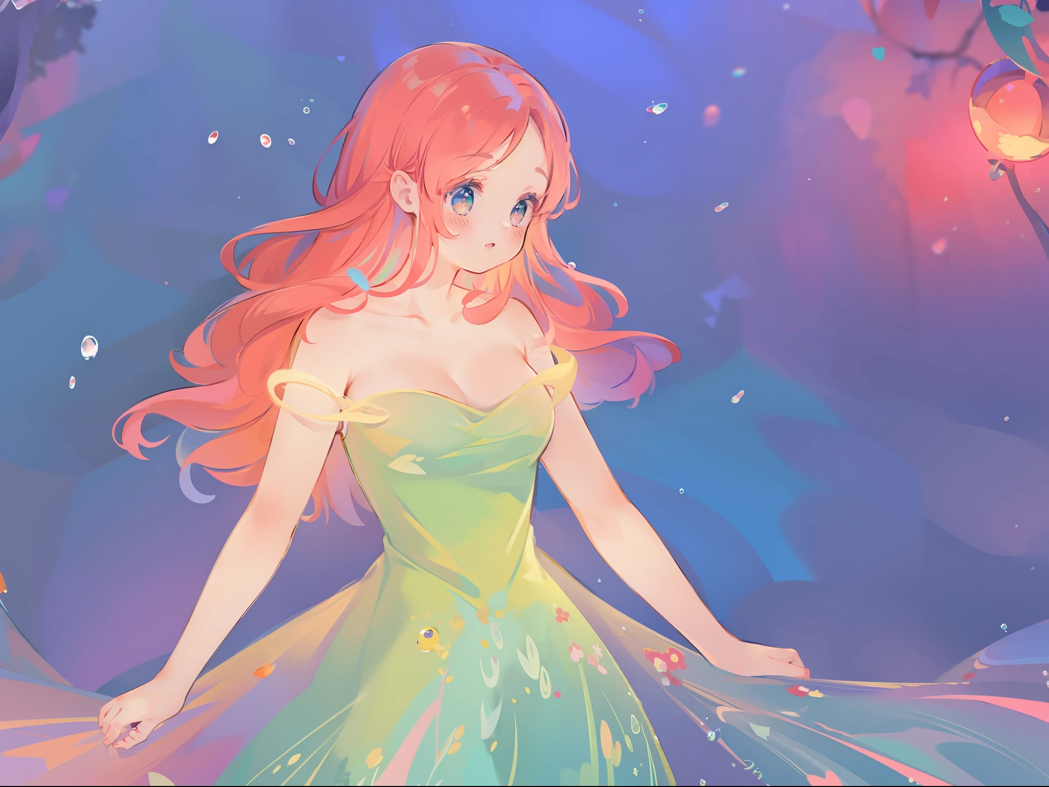 masterpiece, best quality, 8k resolution, sharp focus, intricate detail, beautiful girl, sparkling eyes, golden ratio face, otherworldly liquid, watercolor, ((pastel colors)), bright colors, whimsical, colorful, sharp focus, high resolution, fine detail, shimmering flowing ballgown, ((round eyes)), iridescent bubbles, fantasia background