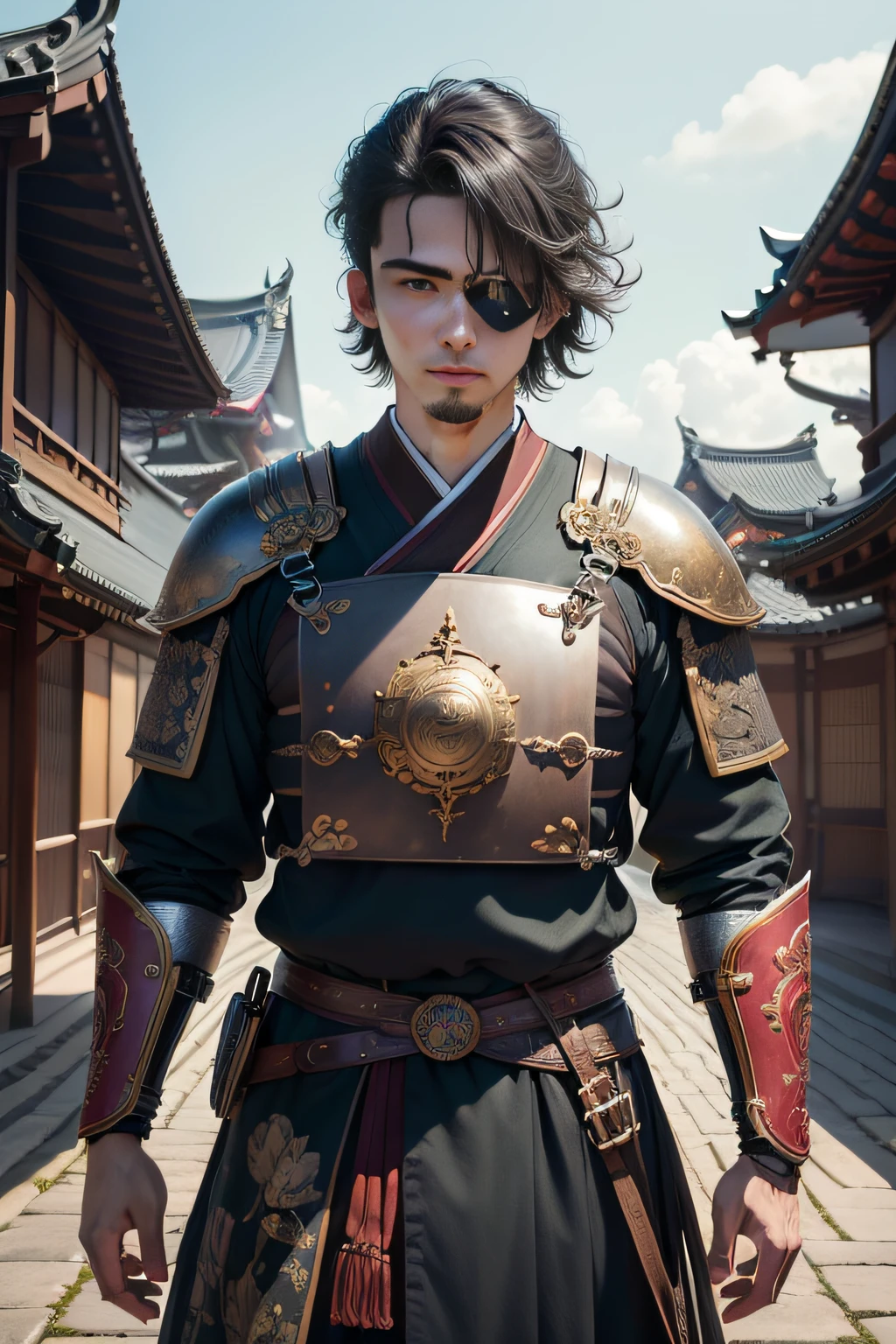((top-quality)), ((​masterpiece)), ((Photorealsitic)), (ultra-detailliert),（Upper body only）, (Eye patch over one eye)、（No beard）、（twinks）、Hiding one eye、No beard、No watermark signature, Warring states period, 细致背景,  insanely detaileda,, complexly detailed, ((​masterpiece)), absurderes, HDR, UHD, 8K, (Align Center, Frame Center), (foco nítido, charactor focus), 1male people, jpn, Wearing Japan armor, armor、male people,japanes、Old times、temple、