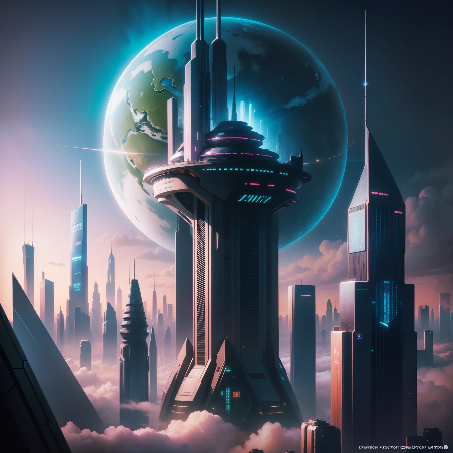 cyberpunked,epcot,Futuristic cityscape lined with skyscrapers,SFart by,top-quality,超A high resolution,dream,futuristic cities,planet earth,Skyscraper high through the clouds,Fantasia