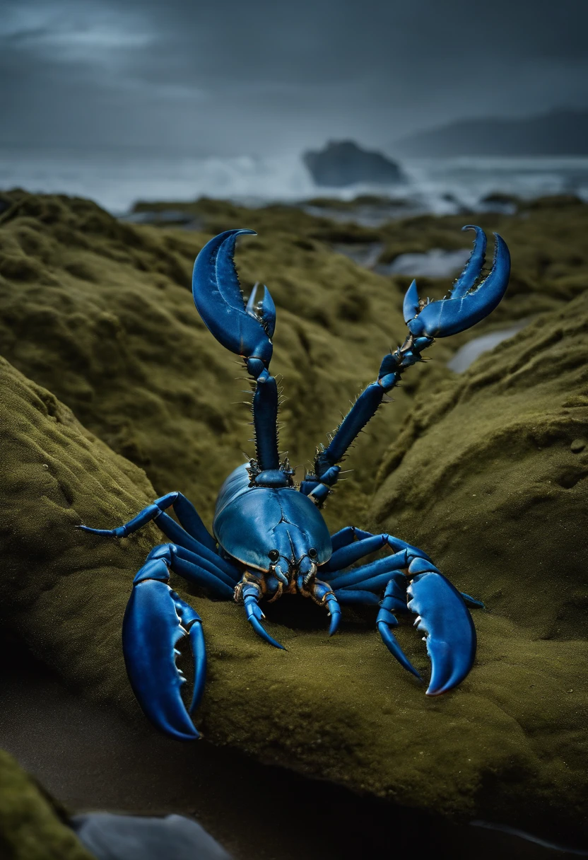 Amidst a tranquil beach, a colossal lobster emerges, its form altered by nuclear aftermath. Its carapace radiates a ghostly glow, while its eyes glisten with a deep blue aura. Turbulent waves buffet its mighty limbs as avian onlookers encircle, observing with intrigue. Photographed by Annie Leibovitz. Nikon D850, shutter speed 1/125, aperture f8, ISO 160. Studio light with a hint of twilight blue. Cinematic, detailed, 8k, award-winning, atmospheric.