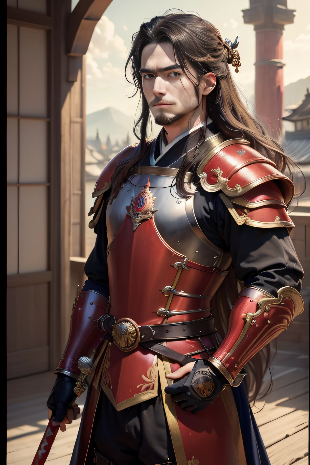 ((top-quality)), ((masterpiece)), ((Photorealsitic)), (ultra-detailliert),(Upper body only), (The long-haired)、(No beard)、(twinks)、Holding a longsword、No beard、No watermark signature, Warring states period, 细致背景, insanely detaileda,, complexly detailed, ((masterpiece)), absurderes, HDR, UHD, 8K, (Align Center, Frame Center), (foco nítido, charactor focus), 1male people, jpn, red、Wearing Japan red armor,Red armor、male people,japanes、Old times、borgar、Castle town in the background