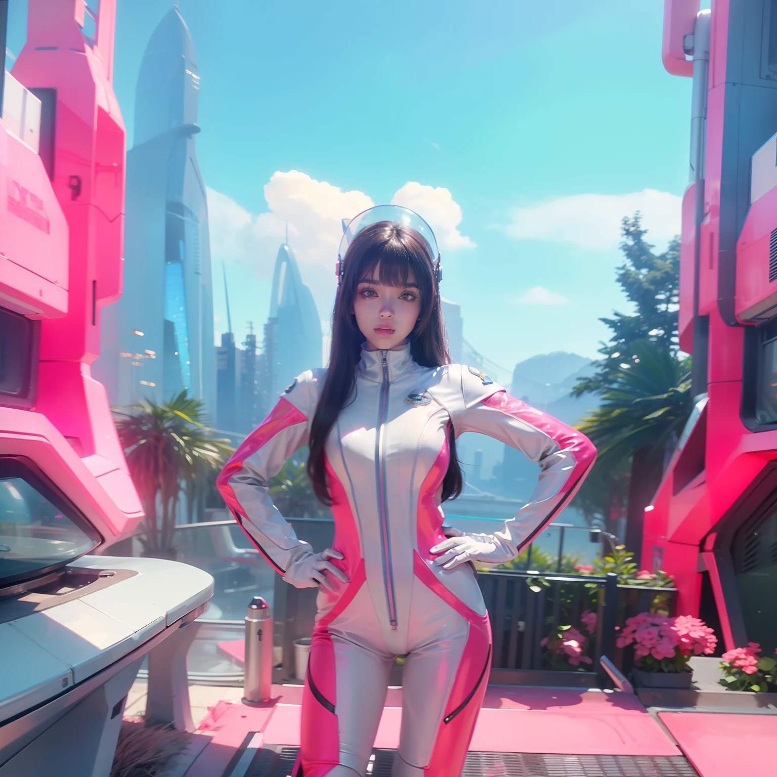 "(Highest image quality), (Incredibly detailed), (photo-realistic:1.1) 1girll, Depicting a female space Marine cadet, Skinny thin transparent spacesuit, Expose breasts, White and pink spacesuit, Glowing pink neon sign,Ultra shorts,Bare with thighs, Erotic, Seductive, Stylish futuristic helmet, Beautiful face, space, Universe, Strange planet.