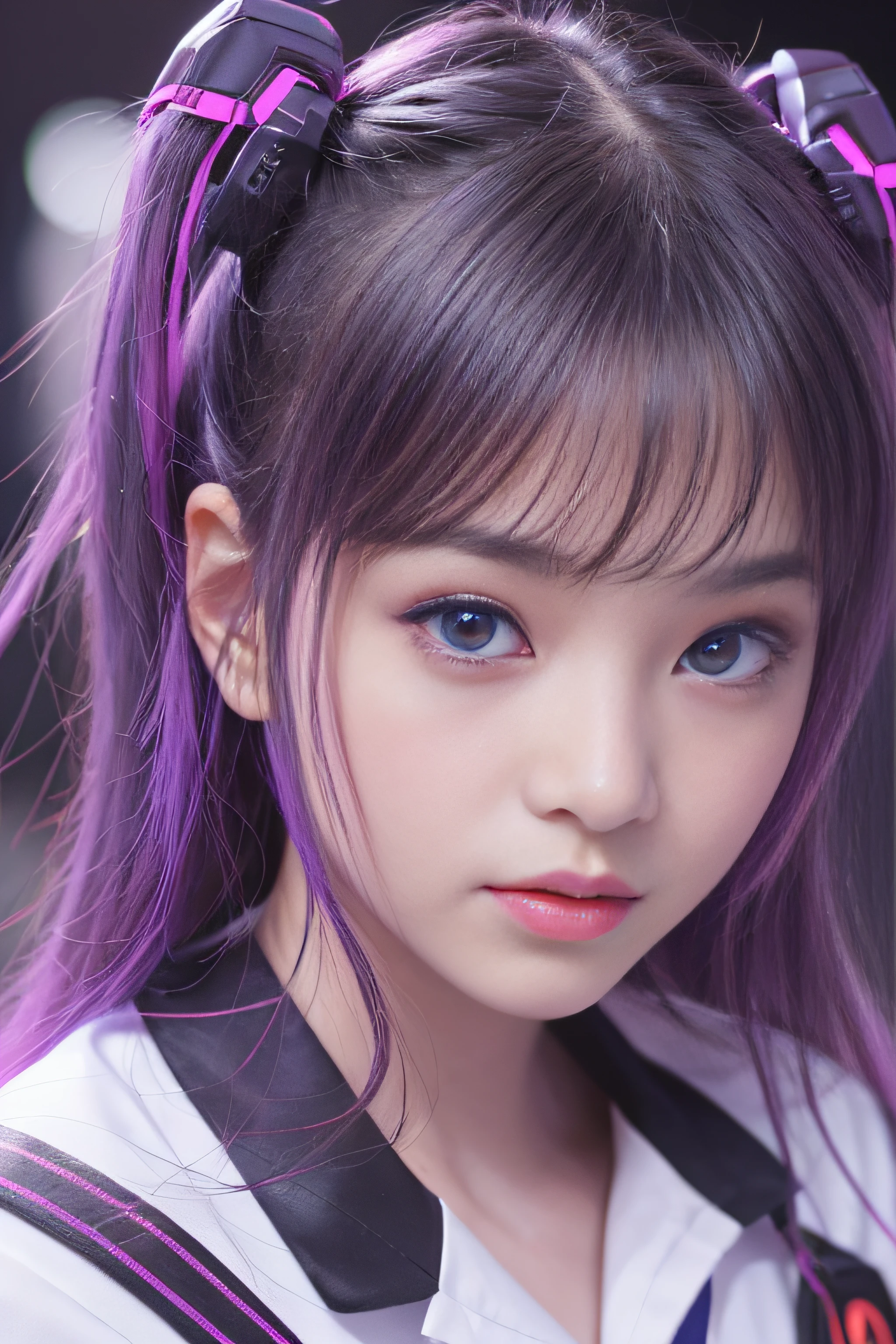 top-quality、masterpiece、超A high resolution、(Photorealsitic:1.4)、Raw photo、女の子1人、years、Black hair、glowy skin、((super realistic details))、portlate、globalillumination、Shadow、octan render、8K、ultrasharp、Colossal tits、White sailor suit、Japan School Uniforms、highly intricate detail、Realistic light、CGSoation Trends、a purple eye、radiant eyes、Facing the camera、neon details、sitting on、Futuristic hair ornament、Gundam、Small LED lamp、Purple neon lighting、