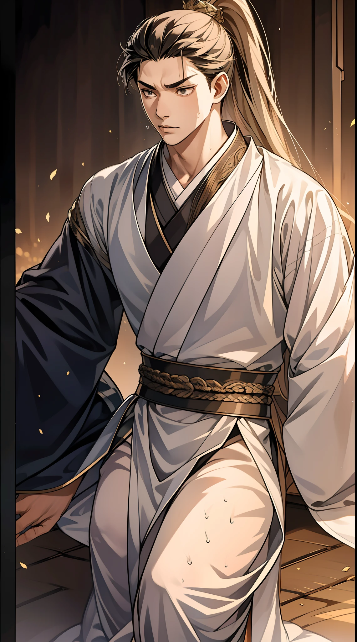quadratic element,style of anime,mtu(Male Warrior),The proportions are correct,Face details,swordsmen,High ponytail hairstyle,Neck details,There is an Adam's apple,Black Hanfu,kaftan,Embroidered robes,Black robe,clothes details,Handing over,longer sleeves,Game quality,Swordsmanship,Light and shadow tracking,Ray traching,detailed glow,cg render,hair detail,cabelos preto e longos,Black eyes,Handsome,Handsome,(juvenile sense),Clothing is complicated,Perfectcomposition,Refinement,high qulity,higher details,Lots of details,The background is complex,a sense of atmosphere,