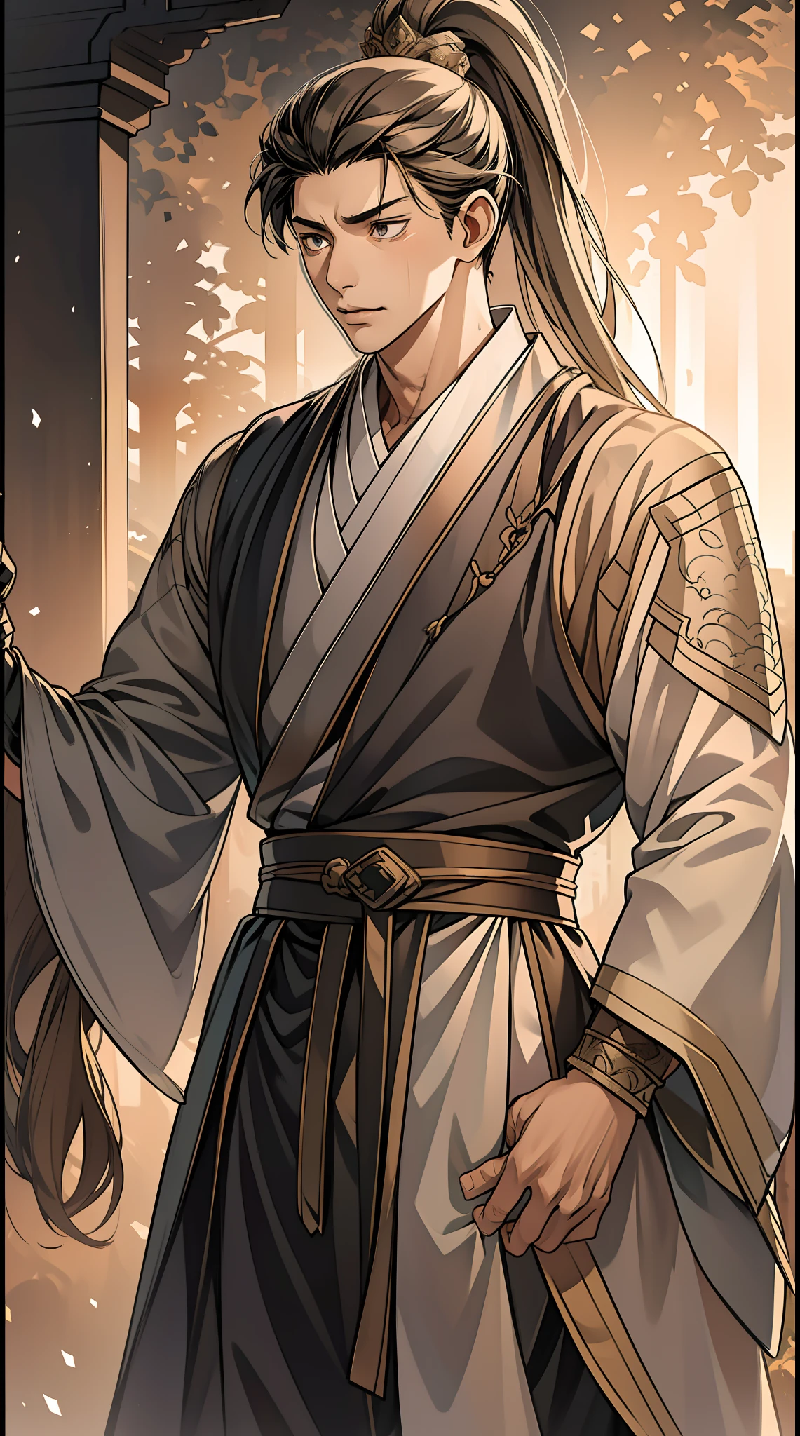 quadratic element,style of anime,mtu(Male Warrior),The proportions are correct,Face details,swordsmen,High ponytail hairstyle,Neck details,There is an Adam's apple,Black Hanfu,kaftan,Embroidered robes,Black robe,clothes details,Handing over,longer sleeves,Game quality,Swordsmanship,Light and shadow tracking,Ray traching,detailed glow,cg render,hair detail,cabelos preto e longos,Black eyes,Handsome,Handsome,(juvenile sense),Clothing is complicated,Perfectcomposition,Refinement,high qulity,higher details,Lots of details,The background is complex,a sense of atmosphere,