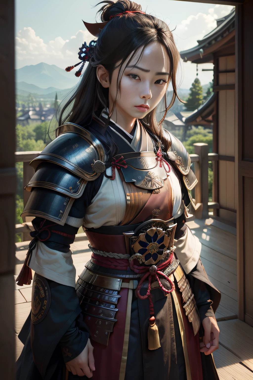 ((top-quality)), ((masterpiece)), ((Photorealsitic)), (ultra-detailliert),(Upper body only),(Detailed facial features)、(clothed)、 No watermark signature, Magnificent castle in the background , 细致背景,, insanely detaileda,shaven, complexly detailed, ((masterpiece)), absurderes, HDR, UHD, 8K, (Align Center, Frame Center), (foco nítido, charactor focus), 1male people, japanese samurai,Blue armor、 Wearing Japan armor, armor、Sengoku Warlord, brave、 male people, homely、Busaku、The face is not in order、 samurais、samurais
