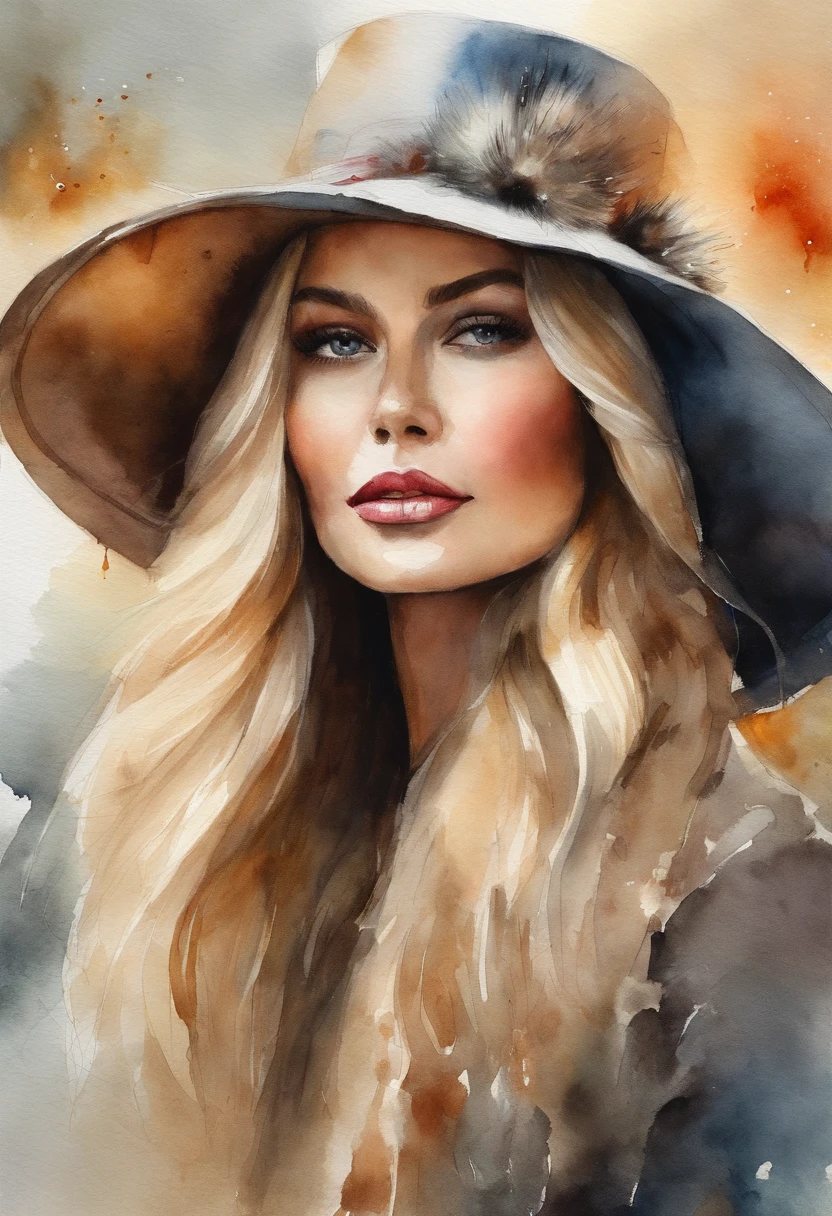 Long blonde woman in Russian hat、Russian hat with raccoon fur、Blonde and long straight hair woman、luminous design、PastelColors、dripping ink、autumn lights