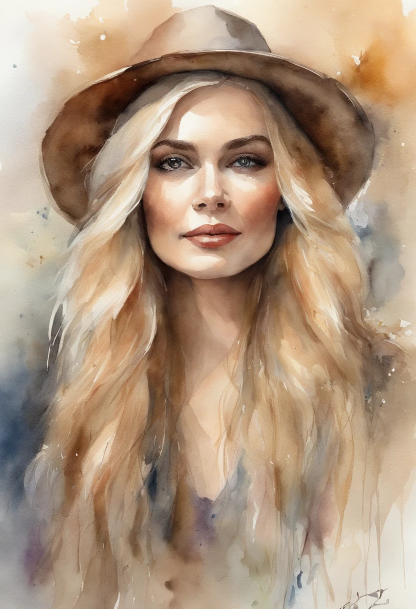 Long blonde woman in Russian hat、Russian hat with raccoon fur、Blonde and long straight hair woman、luminous design、PastelColors、dripping ink、autumn lights